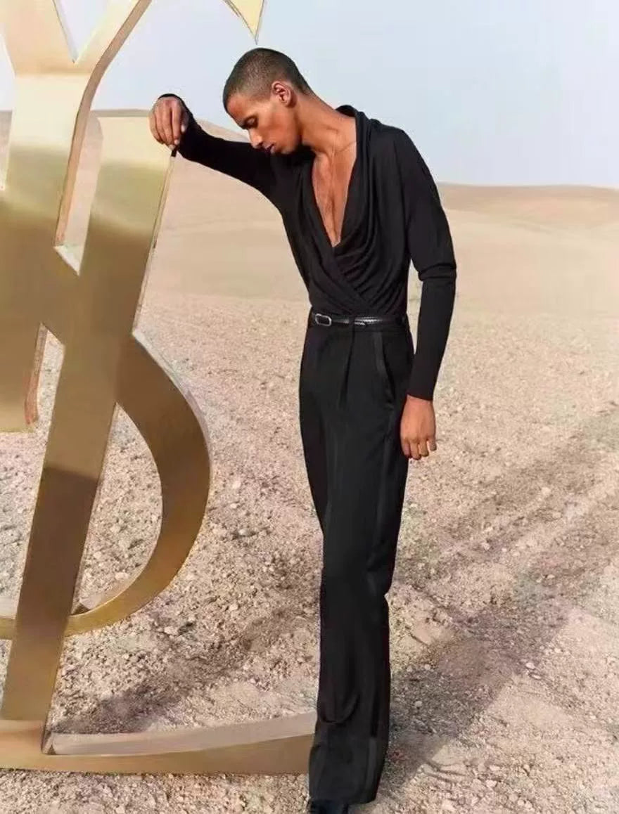 Saint Laurent 23SS Runway Black V-Neck Shirt