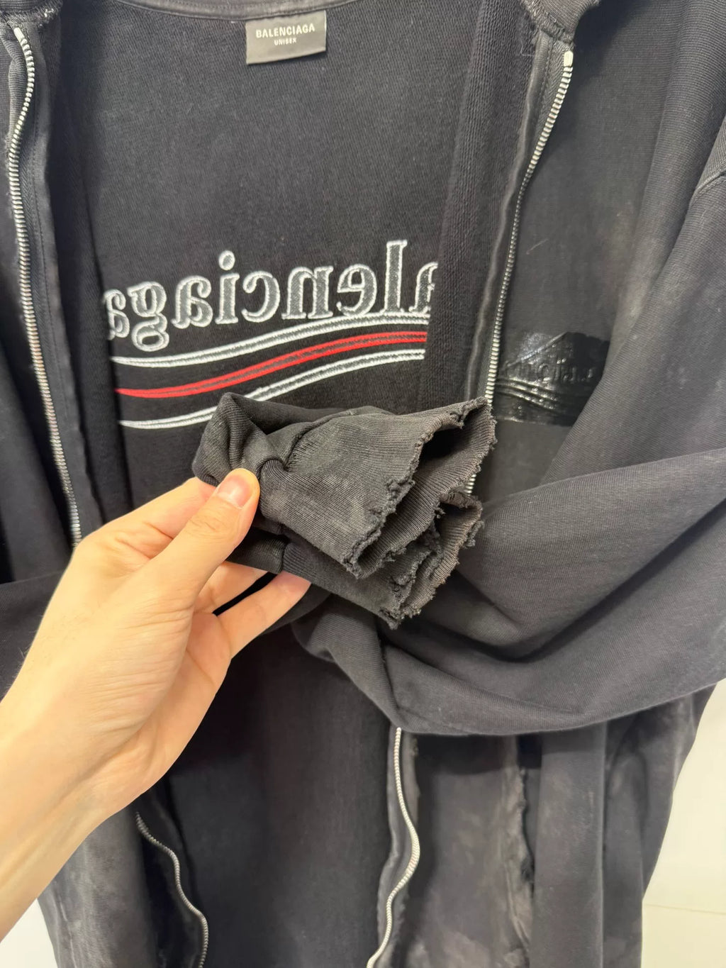Balenciaga Tape Distressed Zip-Up Sweater