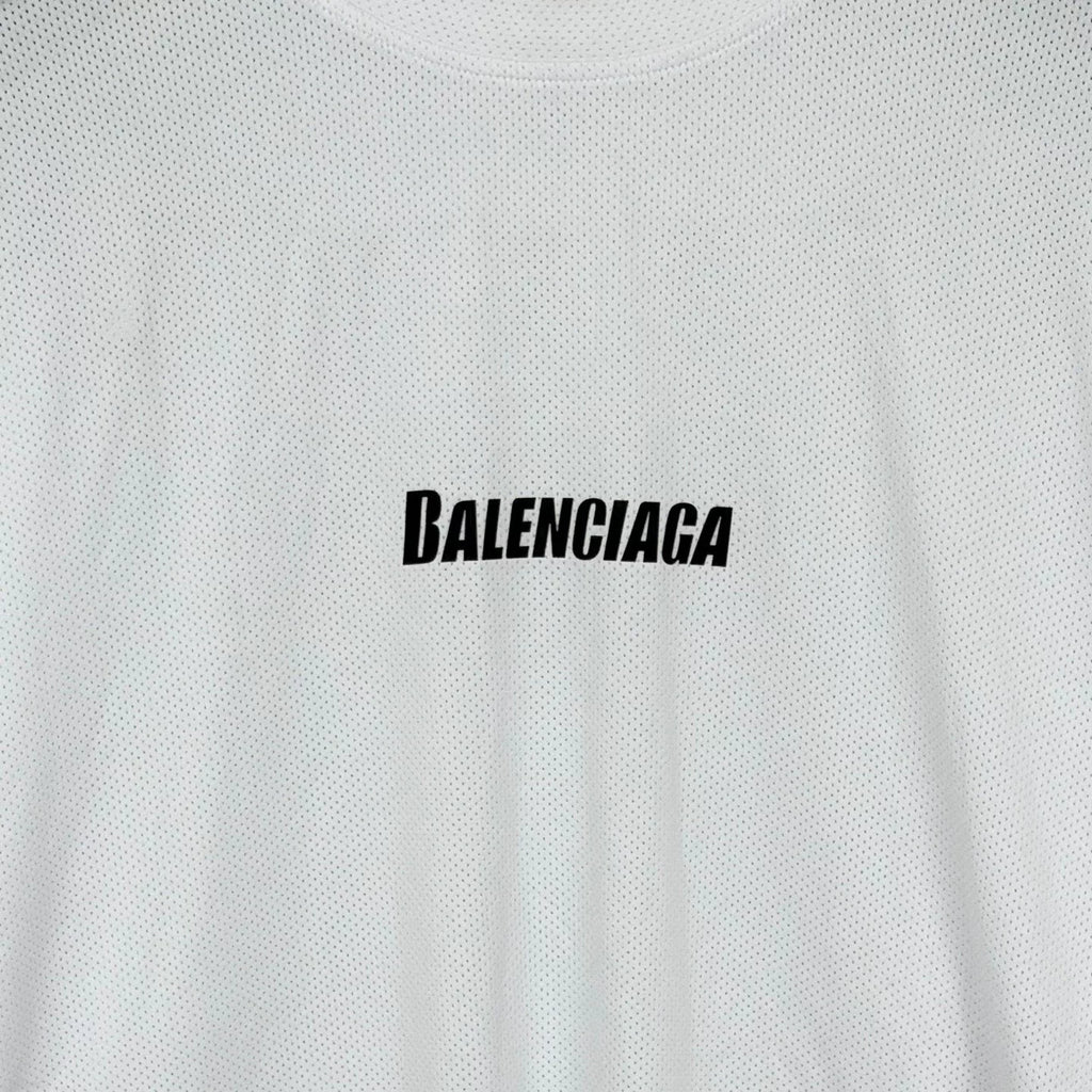 Balenciaga White Mesh Letter Logo Print Short Sleeve Top