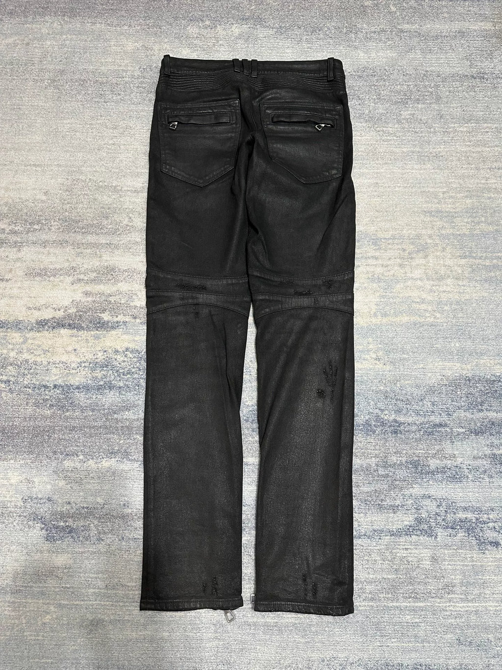 Balmain X Hm AW15 Waxed Black Wax Coated Biker Denim Distressed Pants