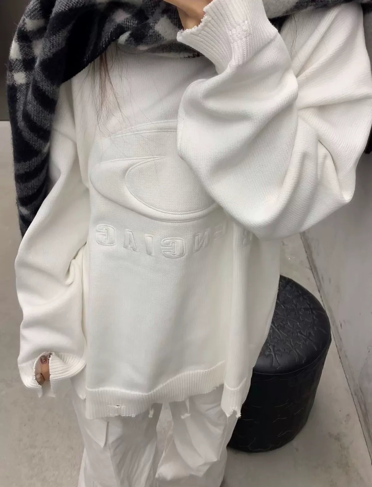 Balenciaga Embroidered Distressed Crew Neck Sweater