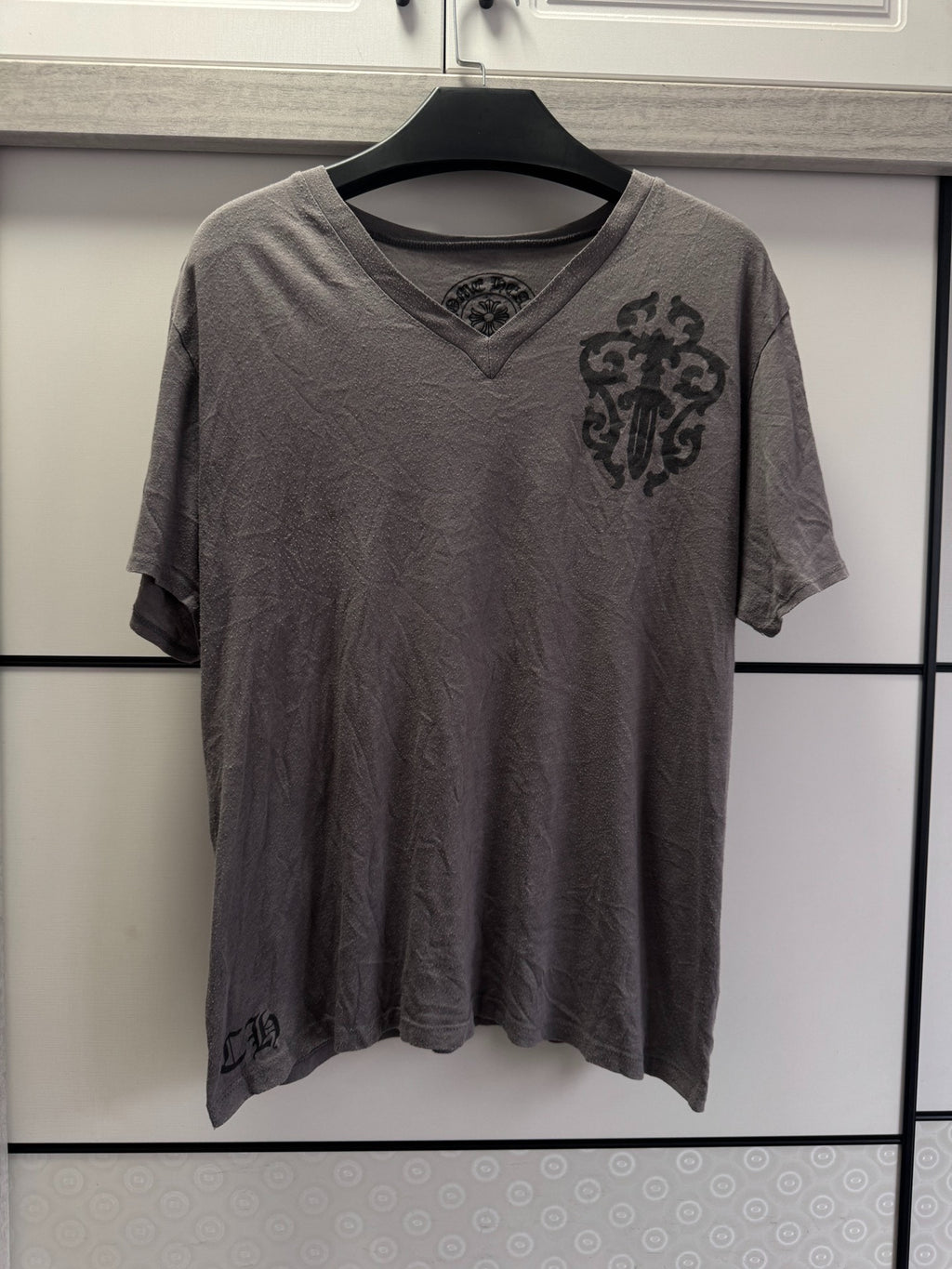 Chrome Hearts Charcoal V-Neck Short Sleeve Top