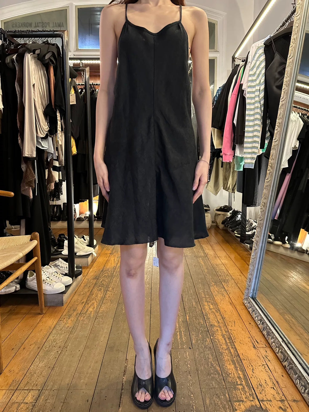 M.A+ FW23 Black Cross-Back Open-Back Linen Lotus Silk Dress