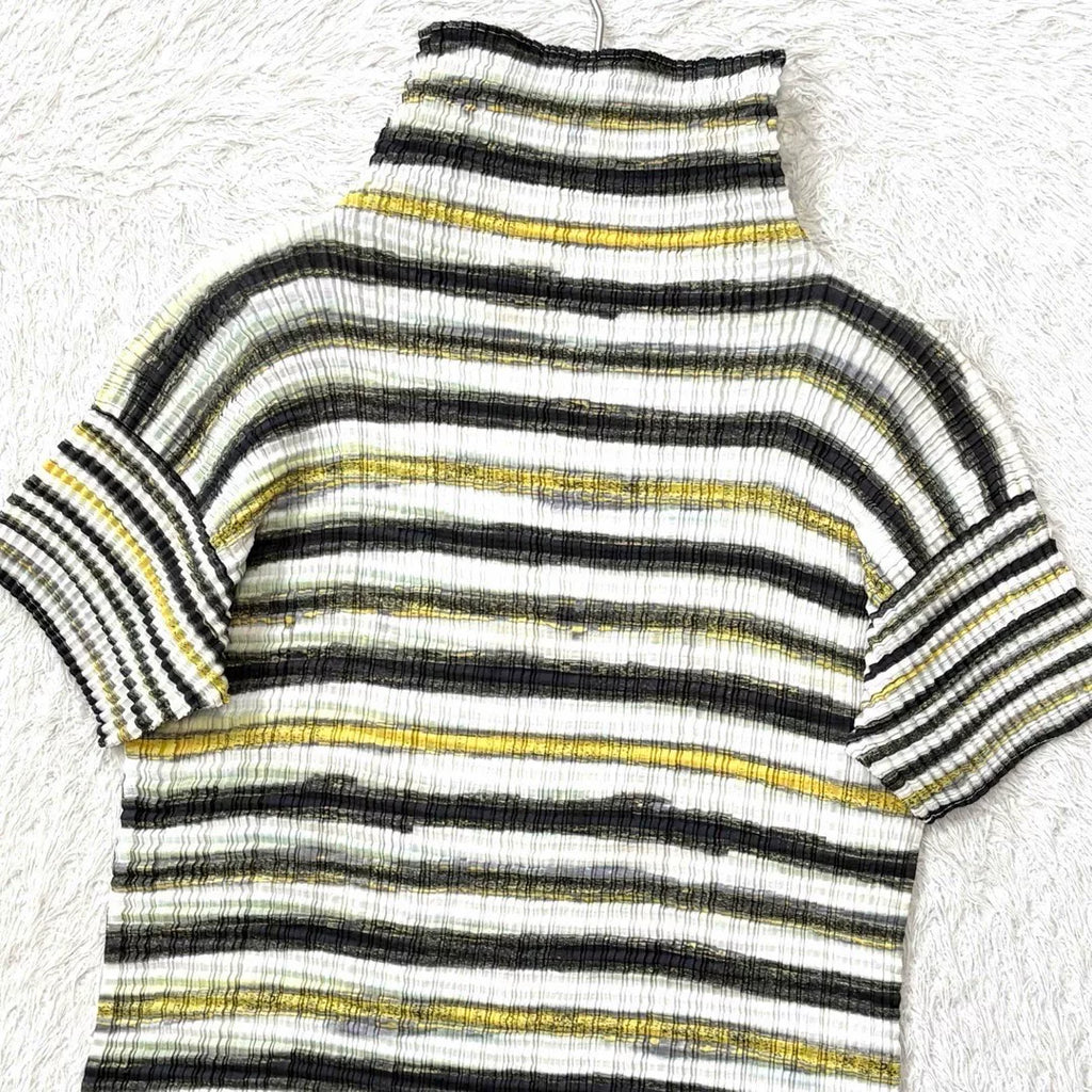 Issey Miyake Striped Pleated Short-Sleeve Top
