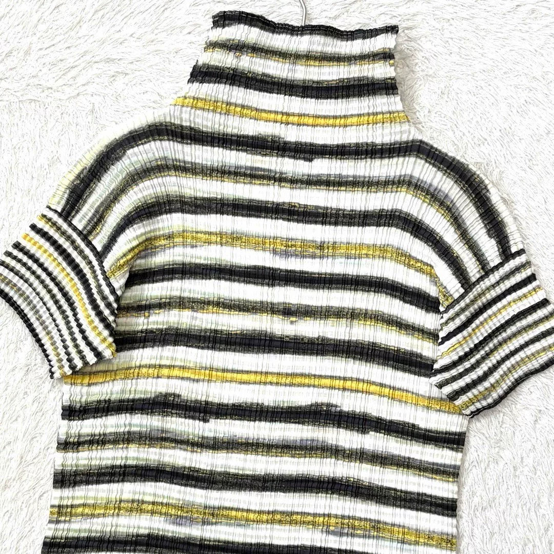 Issey Miyake Striped Pleated Short-Sleeve Top