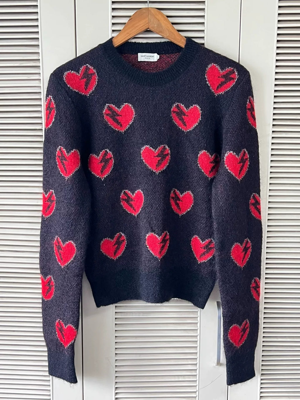 Saint Laurent black mohair sweater with heart and lightning bolt design