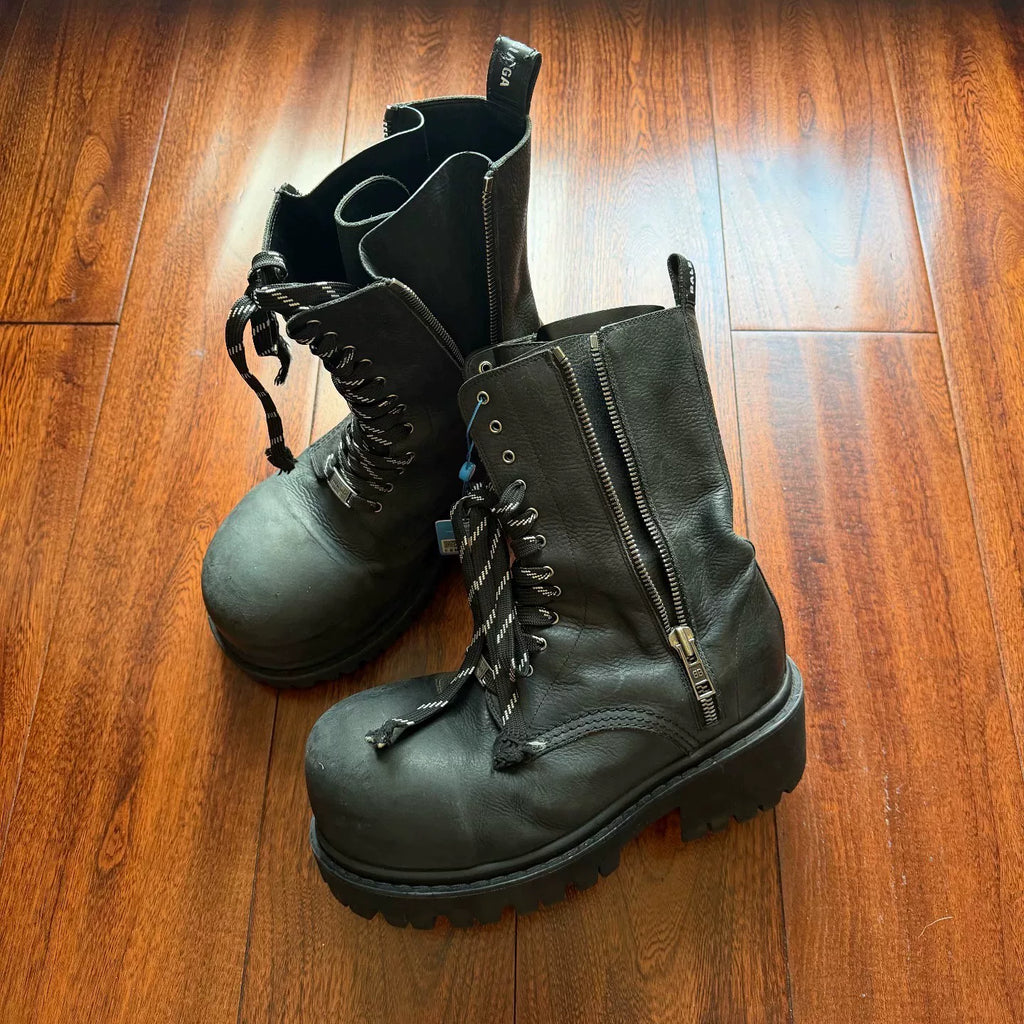 Balenciaga 25FW Double-Zipper Stomper Distressed Military Boots