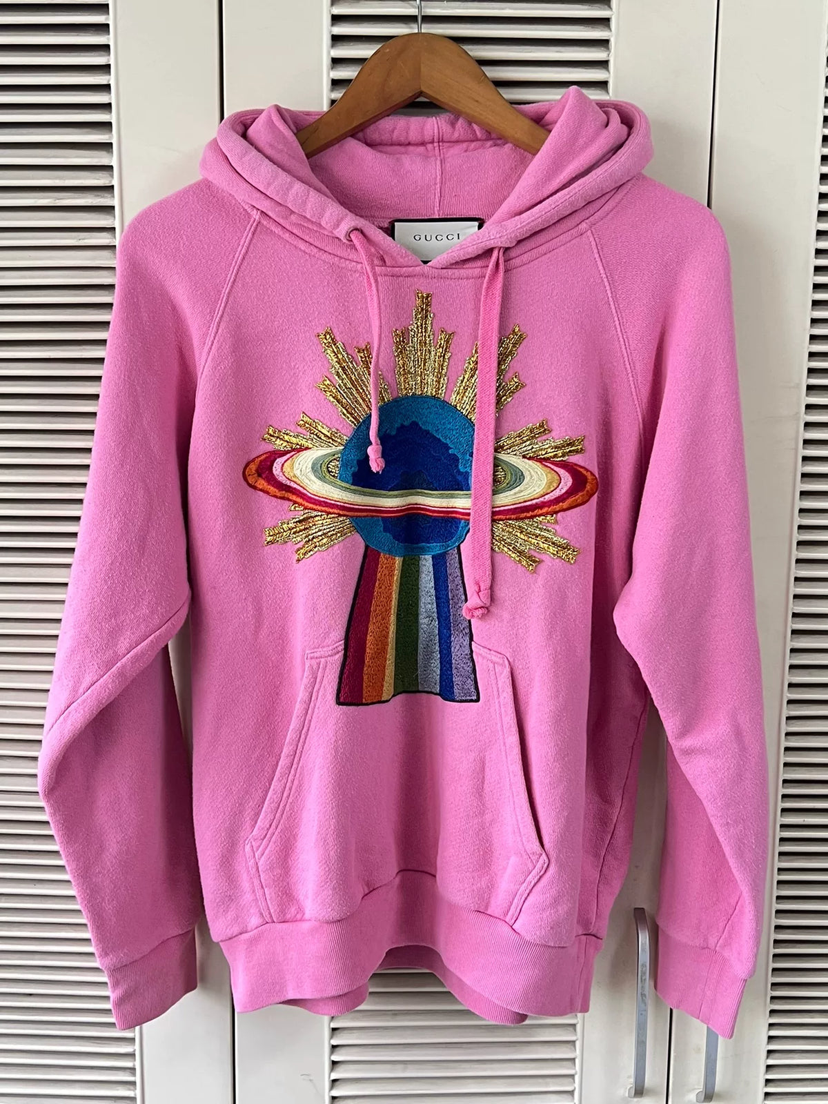 Gucci Pink Rainbow Planet Heavy Embroidery Hooded Sweater