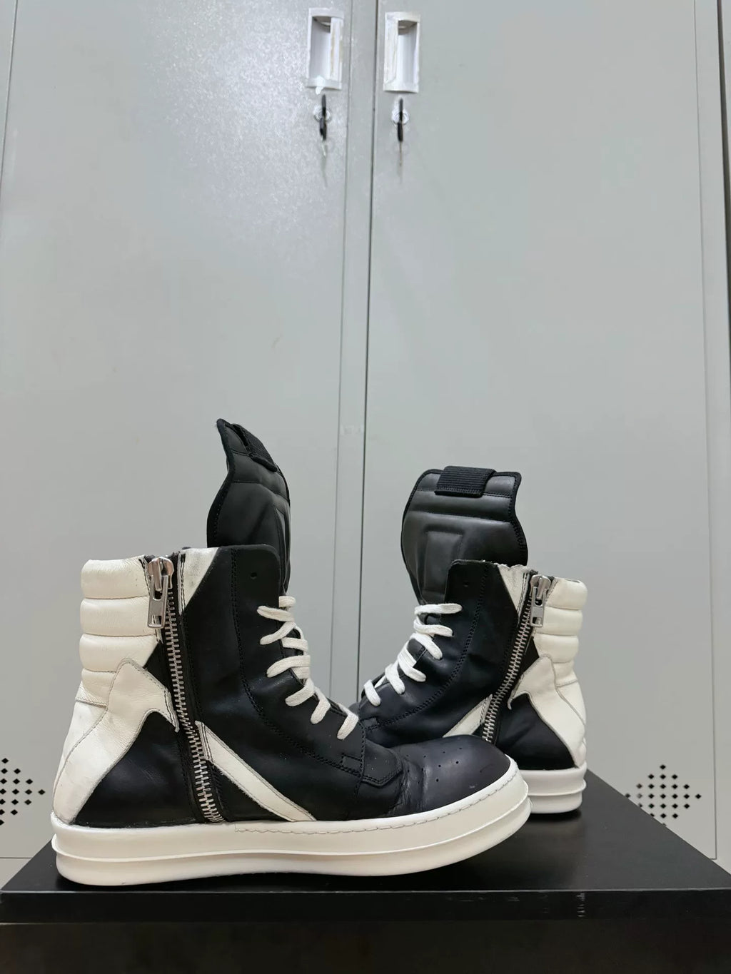 Rick Owens Black and White Inverted-Triangle Leather Sneakers