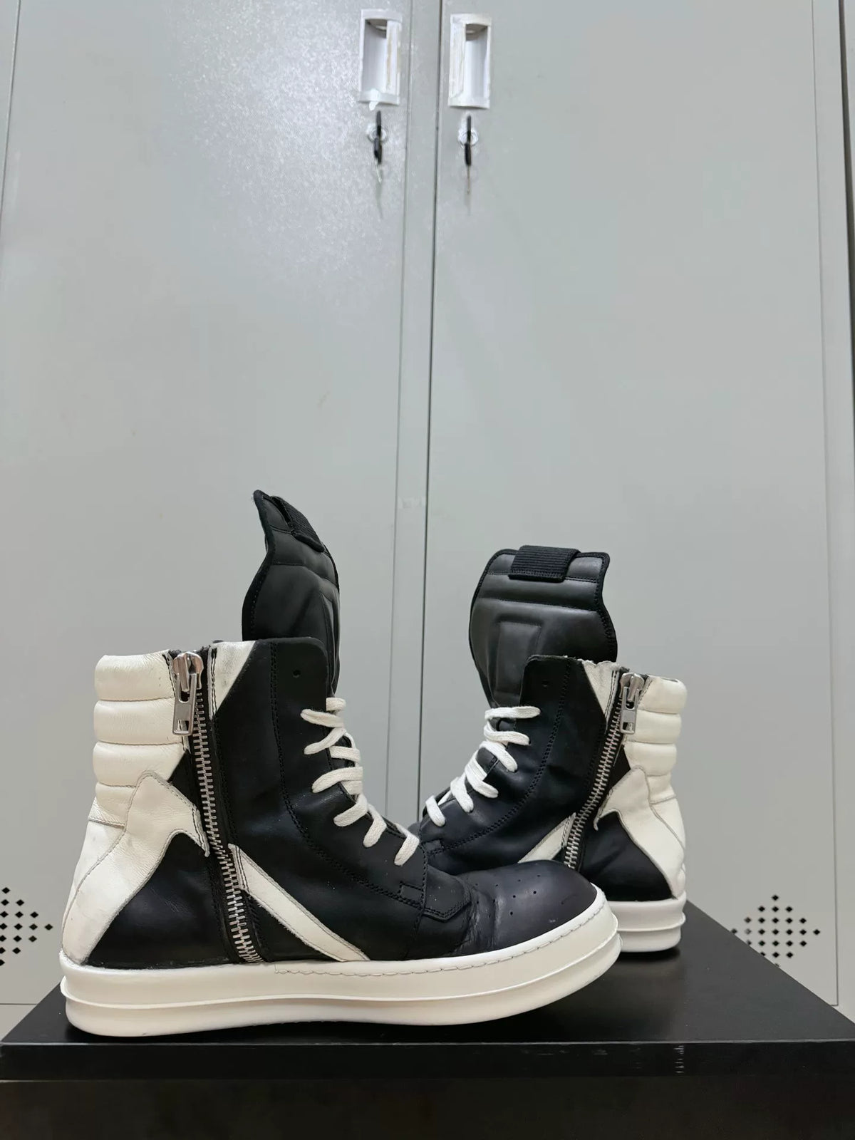 Rick Owens Black and White Inverted-Triangle Leather Sneakers