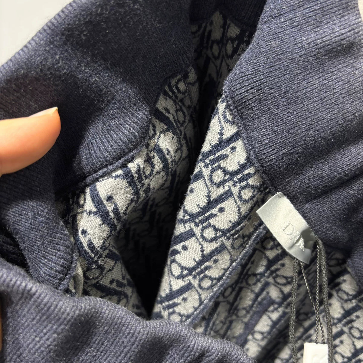 Dior Navy Blue All-Over Logo Print Embroidered Logo Elastic-Cuff Zip-Up Cotton Cashmere Trousers