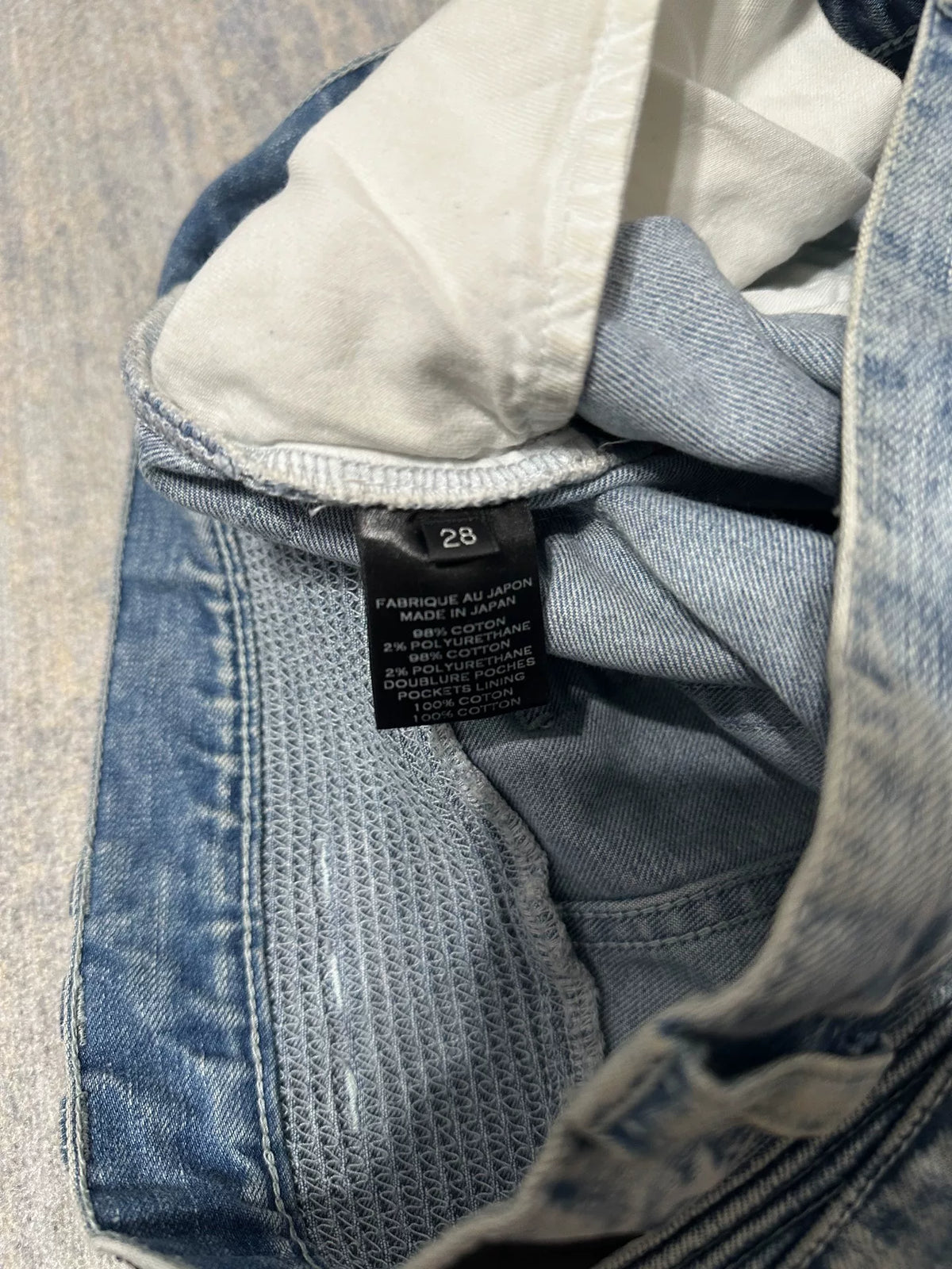 Balmain SS15 ice blue distressed biker jeans