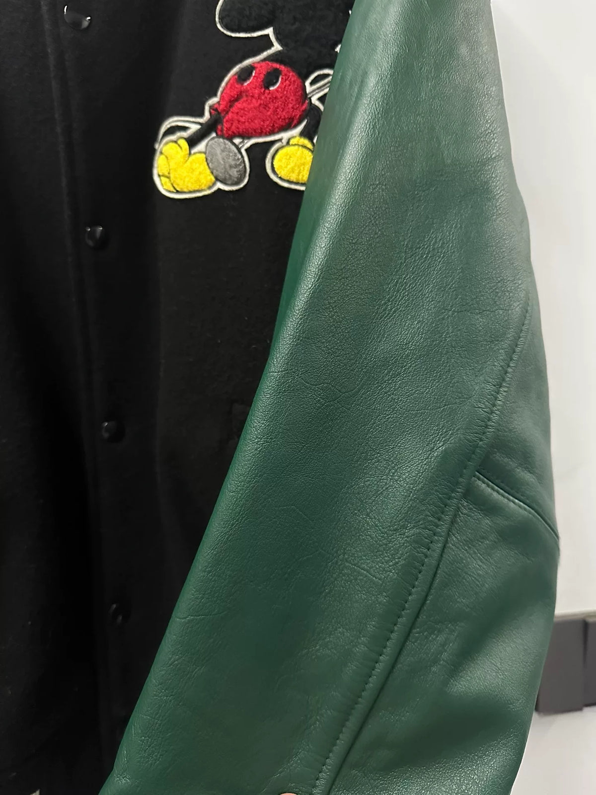Number Nine Supreme 25FW Week 8 Mickey Mouse Leather-Sleeve Baseball Jacket