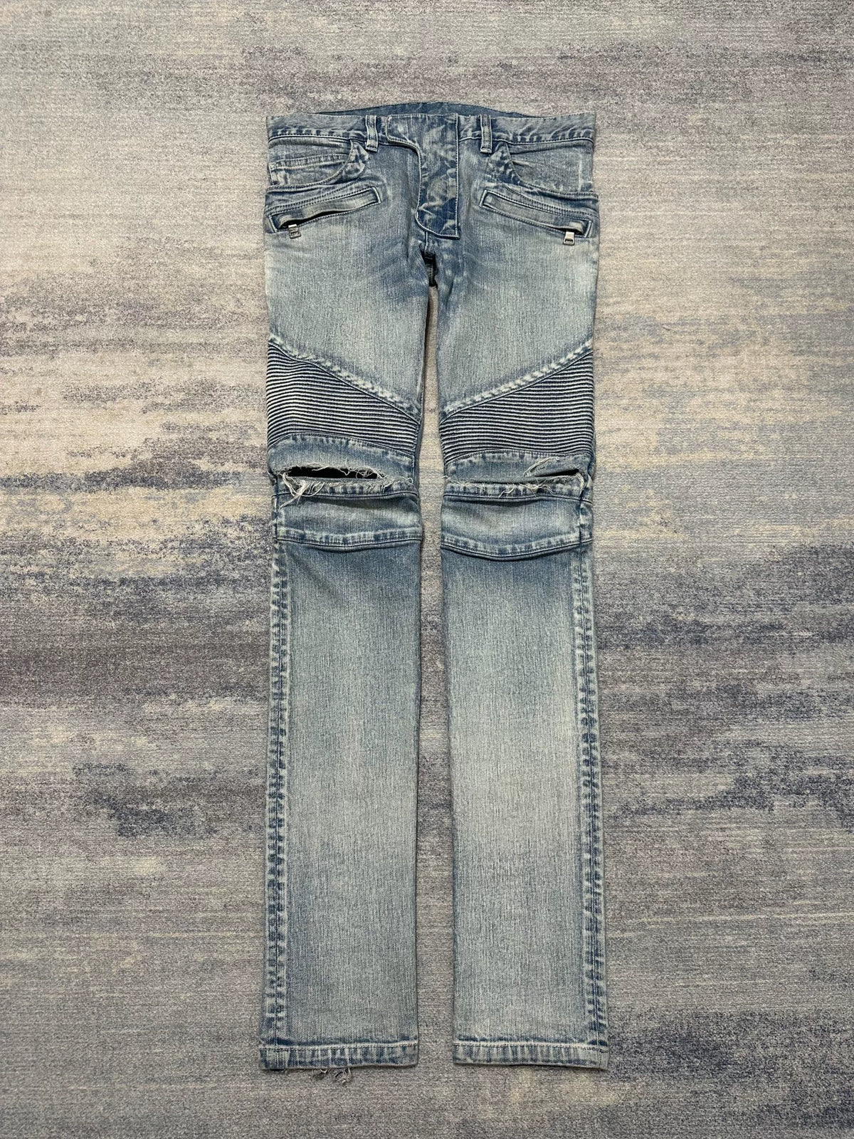 Balmain SS15 ice blue distressed biker jeans