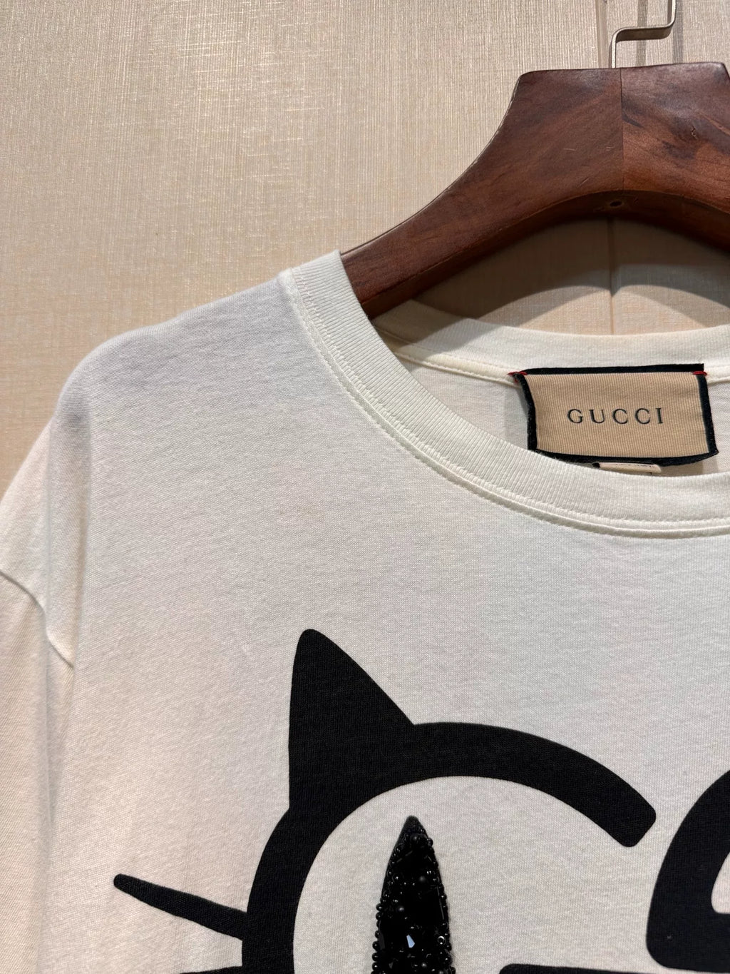 Gucci White Sequined Cat Eye Print Knit Crew Neck Short Sleeve T-Shirt
