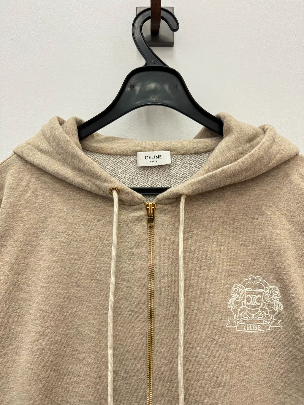 Celine FW25 Cream Logo Embroidered Hooded Zip-Up Jacket
