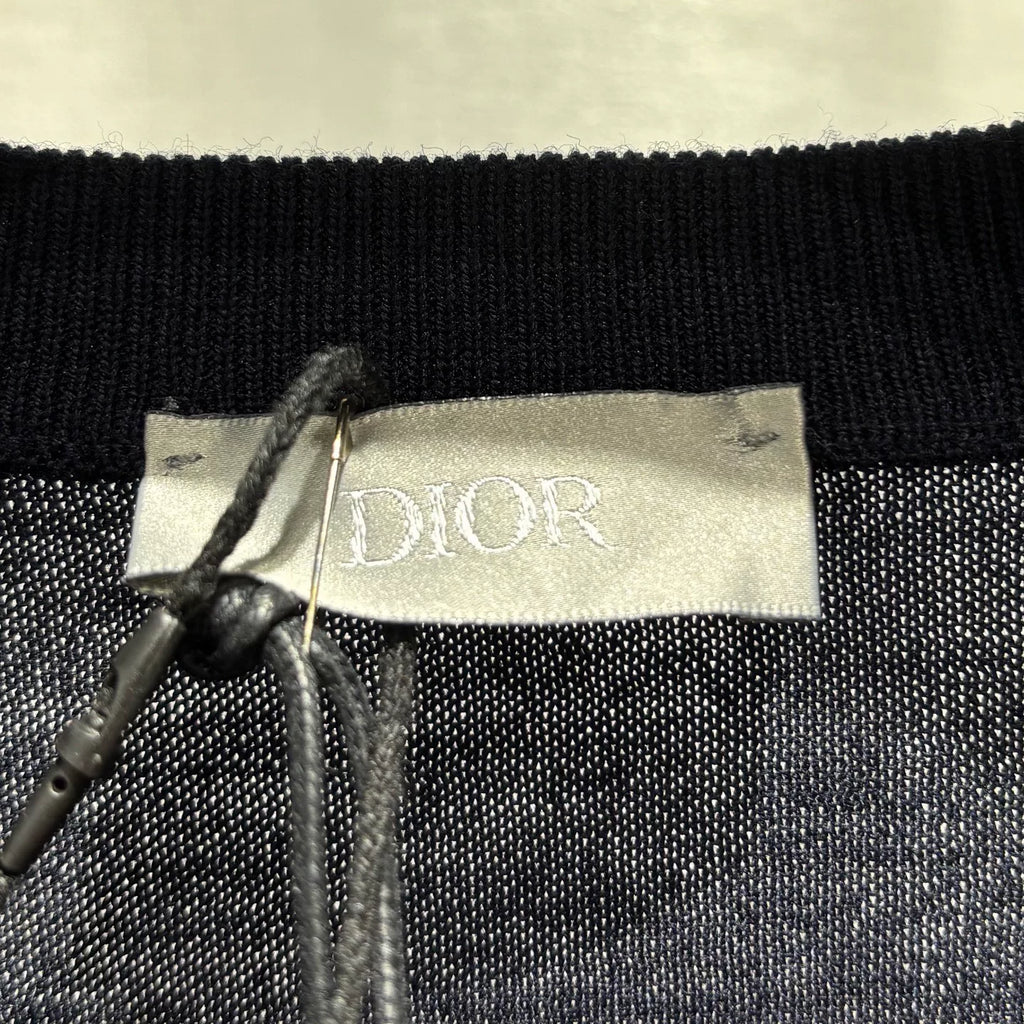 Dior Navy Blue CD Letter Embroidered Logo Ribbed Collar Wool Sweater