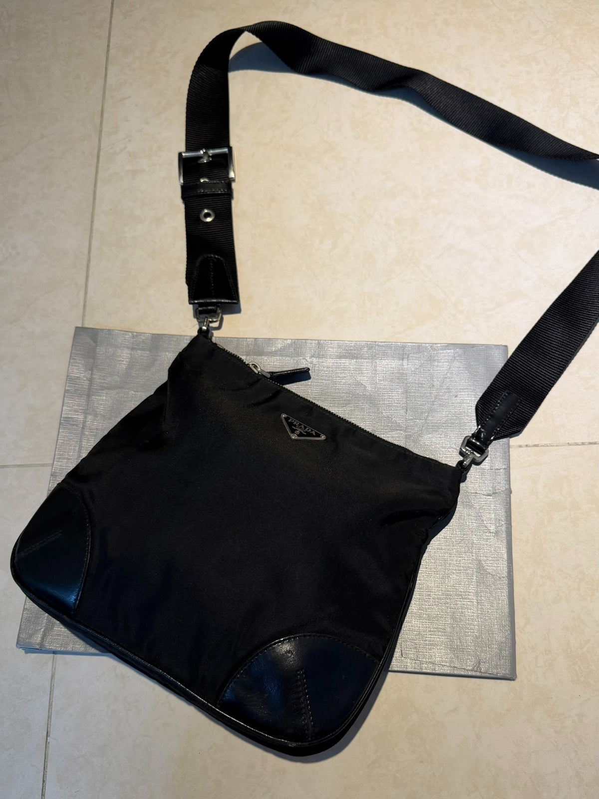 Prada Nylon Pieced Leather Crossbody Black Bag