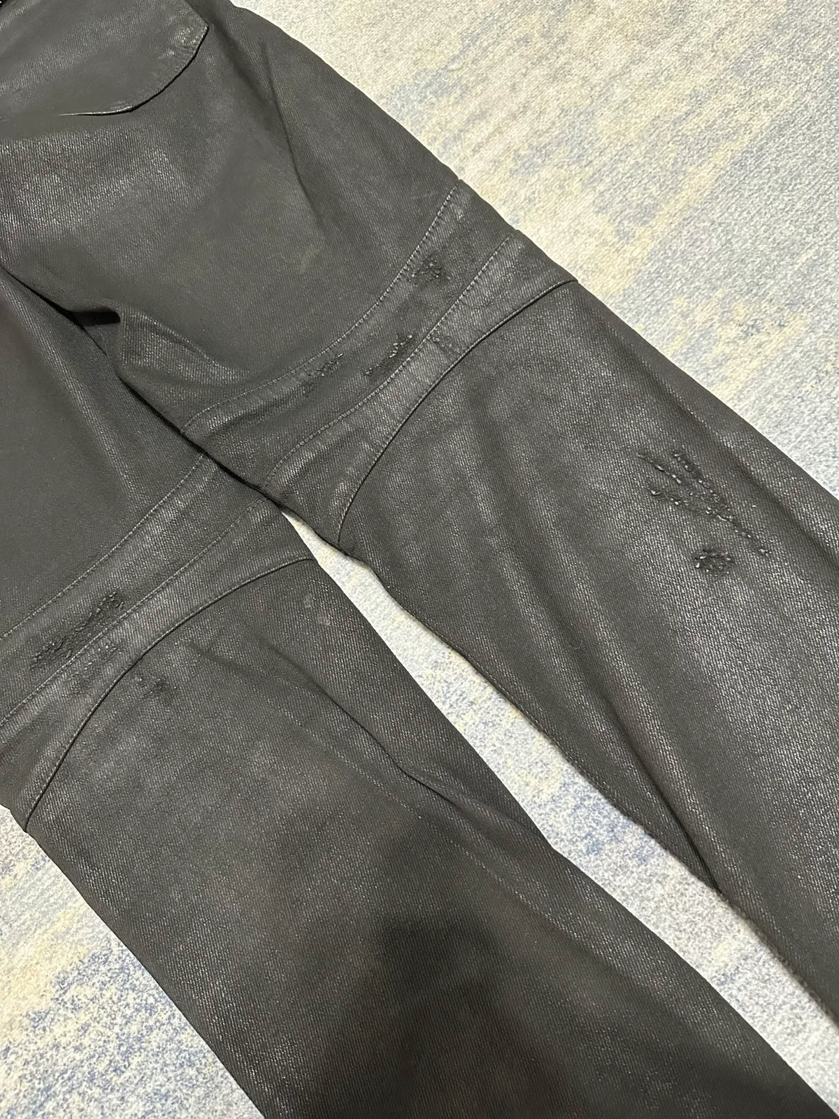 Balmain X Hm AW15 Waxed Black Wax Coated Biker Denim Distressed Pants