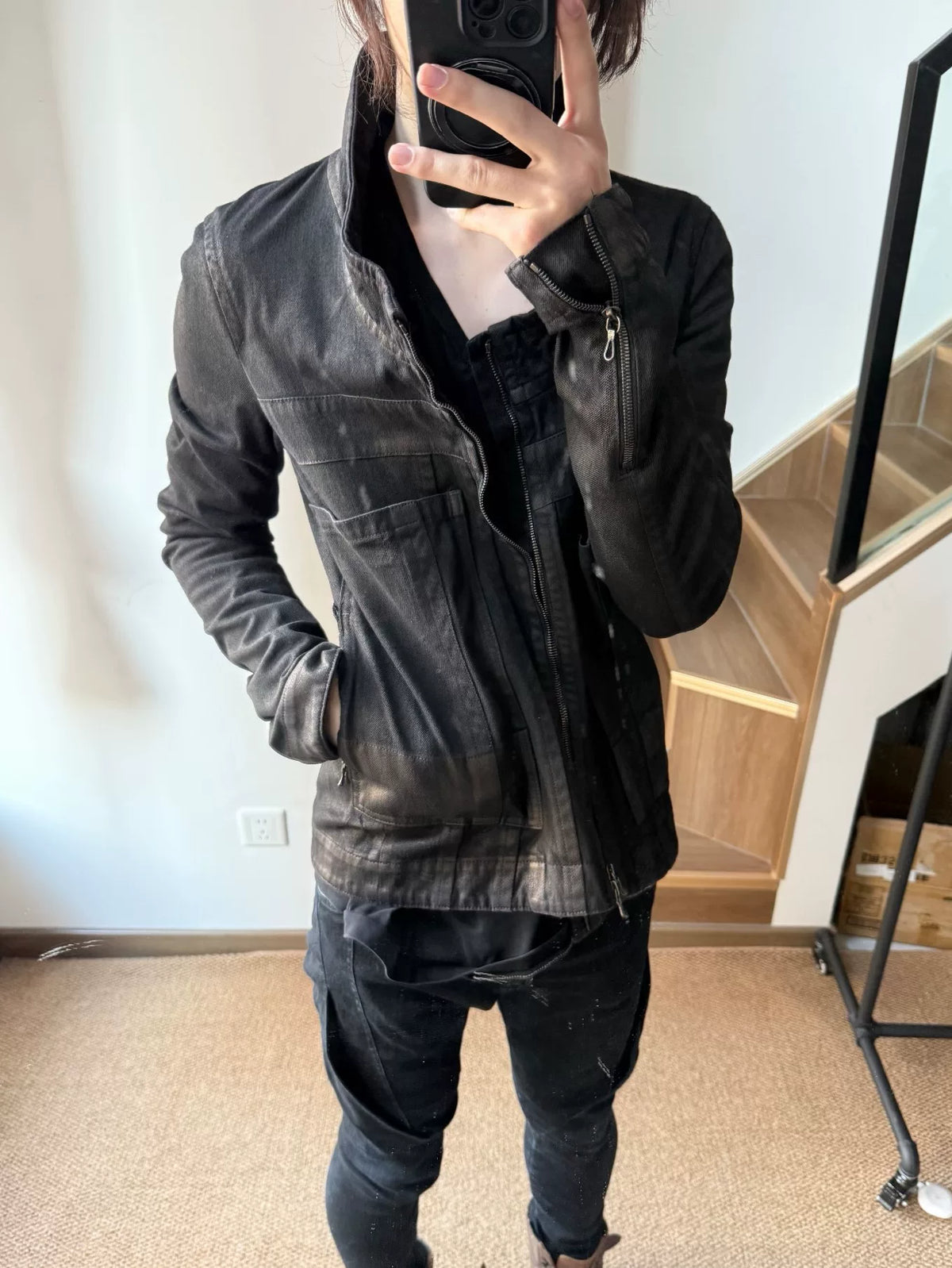 Julius Dark Vanguard Distressed Coated Denim Jacket