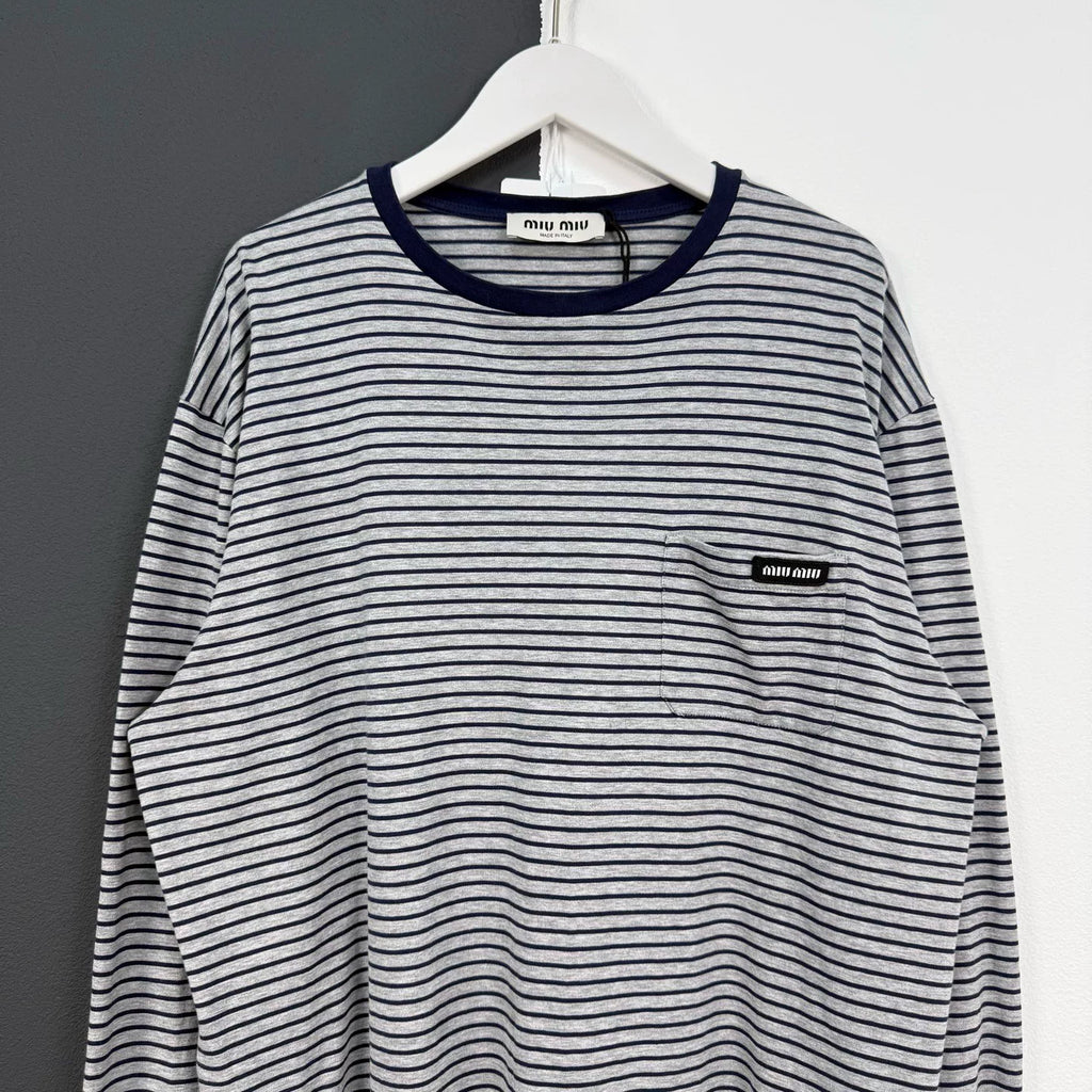 Miu Miu Atheneum Striped Logo Long Sleeve Top