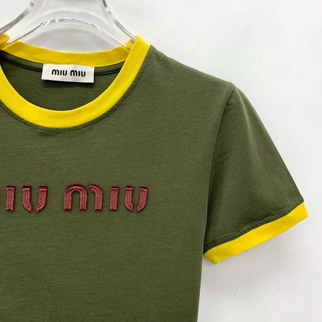 Miu Miu Olive Logo Letter Embroidered Cotton Crew Neck Short Sleeve Top