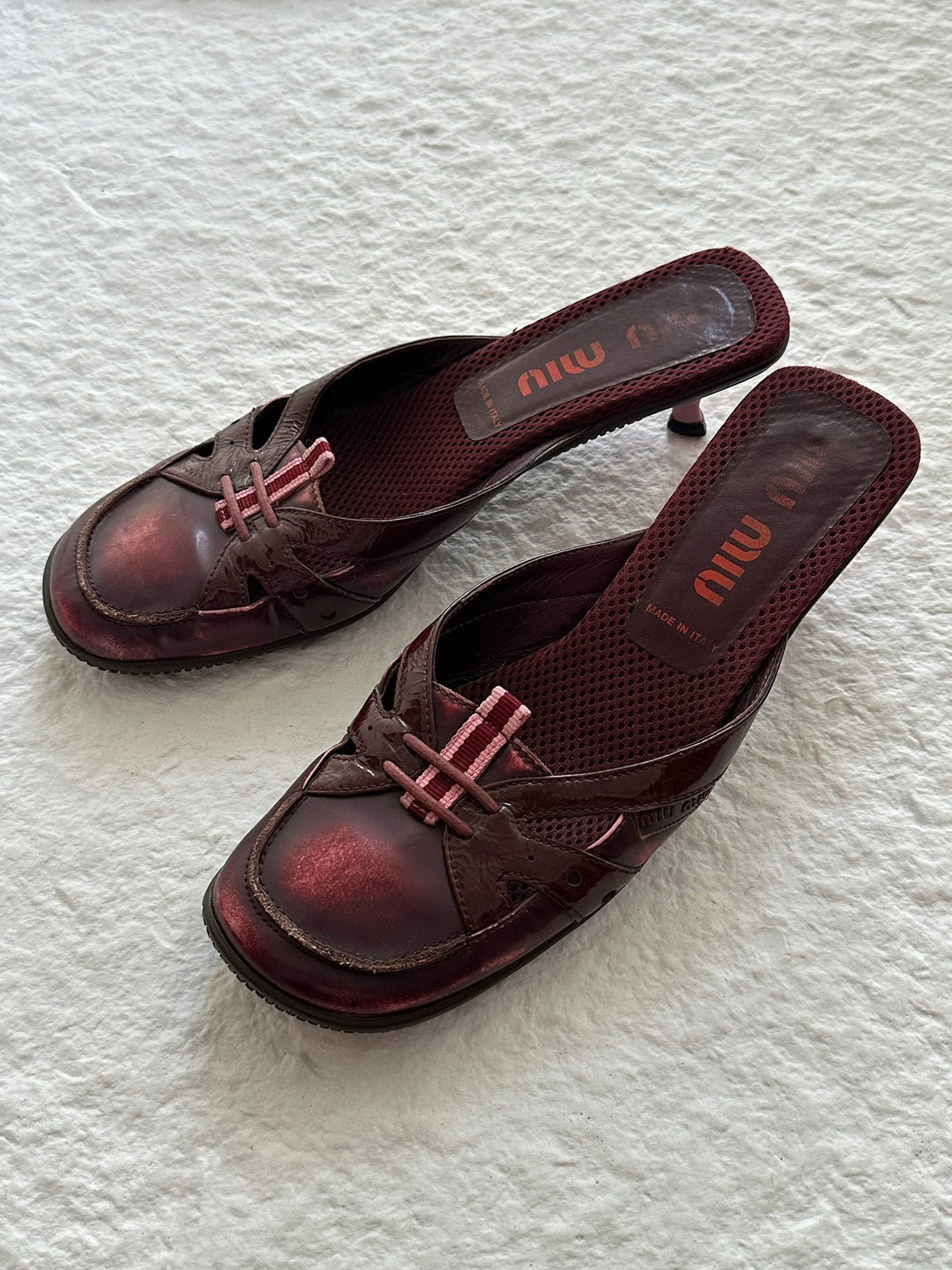 Miu Miu 00SS Wine Red Patent Leather Distressed Mule Slippers
