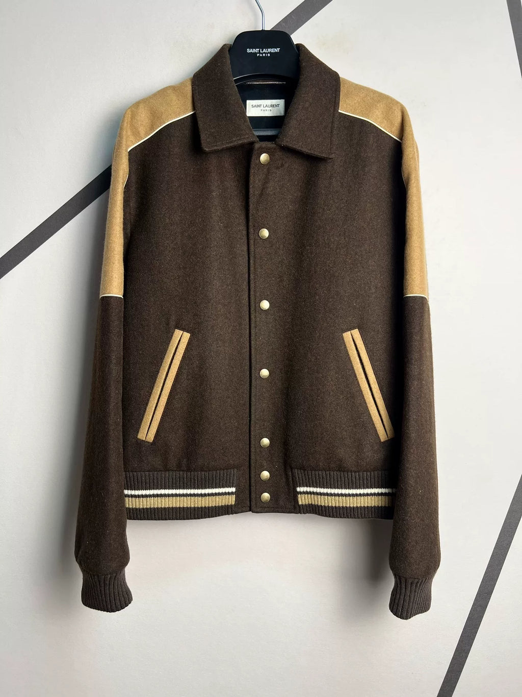 Saint Laurent AW21 Runway Coffee Khaki Color-Block Collared Wool Jacket