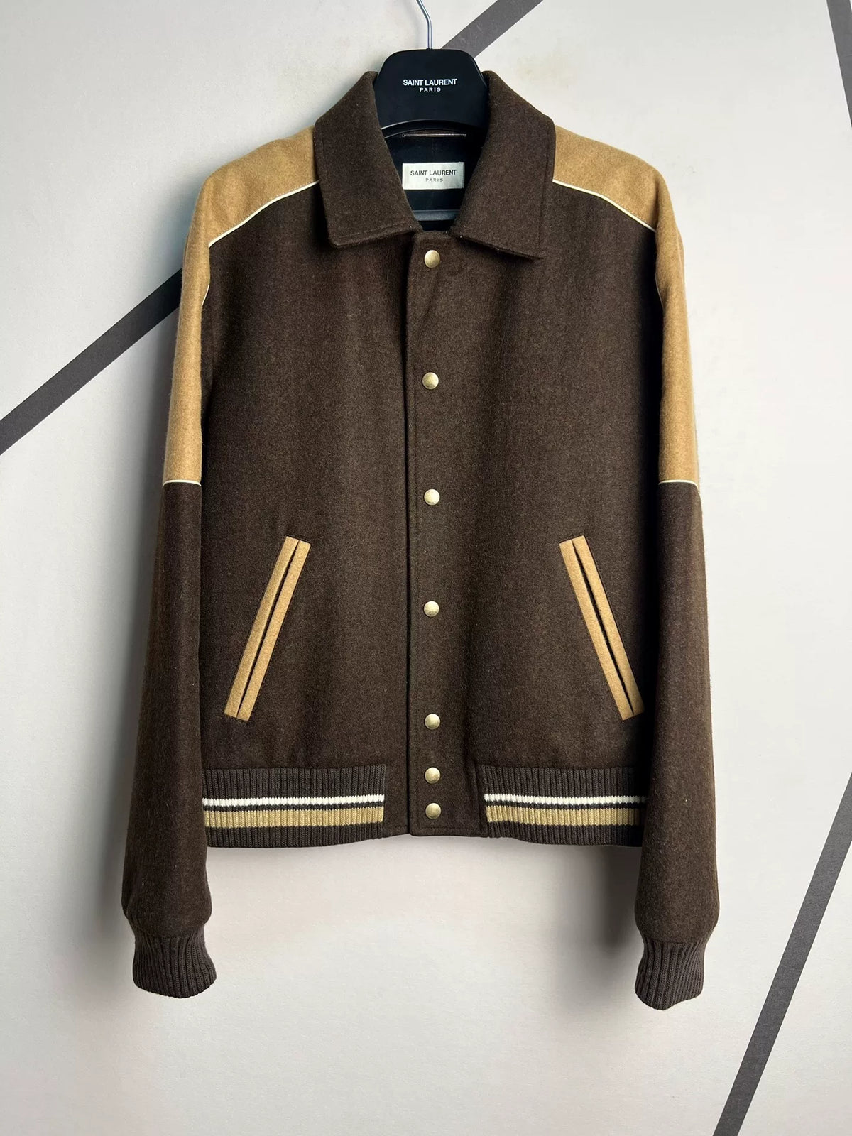 Saint Laurent AW21 Runway Coffee Khaki Color-Block Collared Wool Jacket