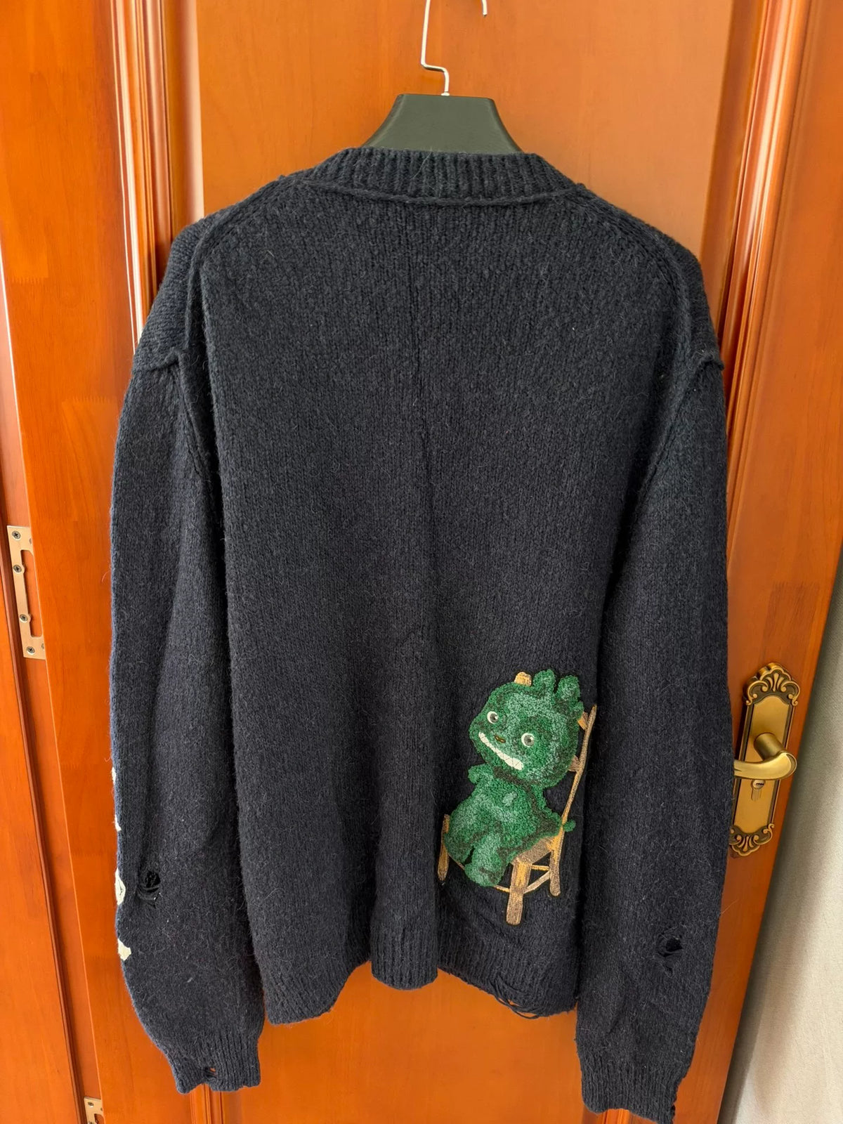 Dior Black Dragon Year Dinosaur Embroidered Distressed Sweater