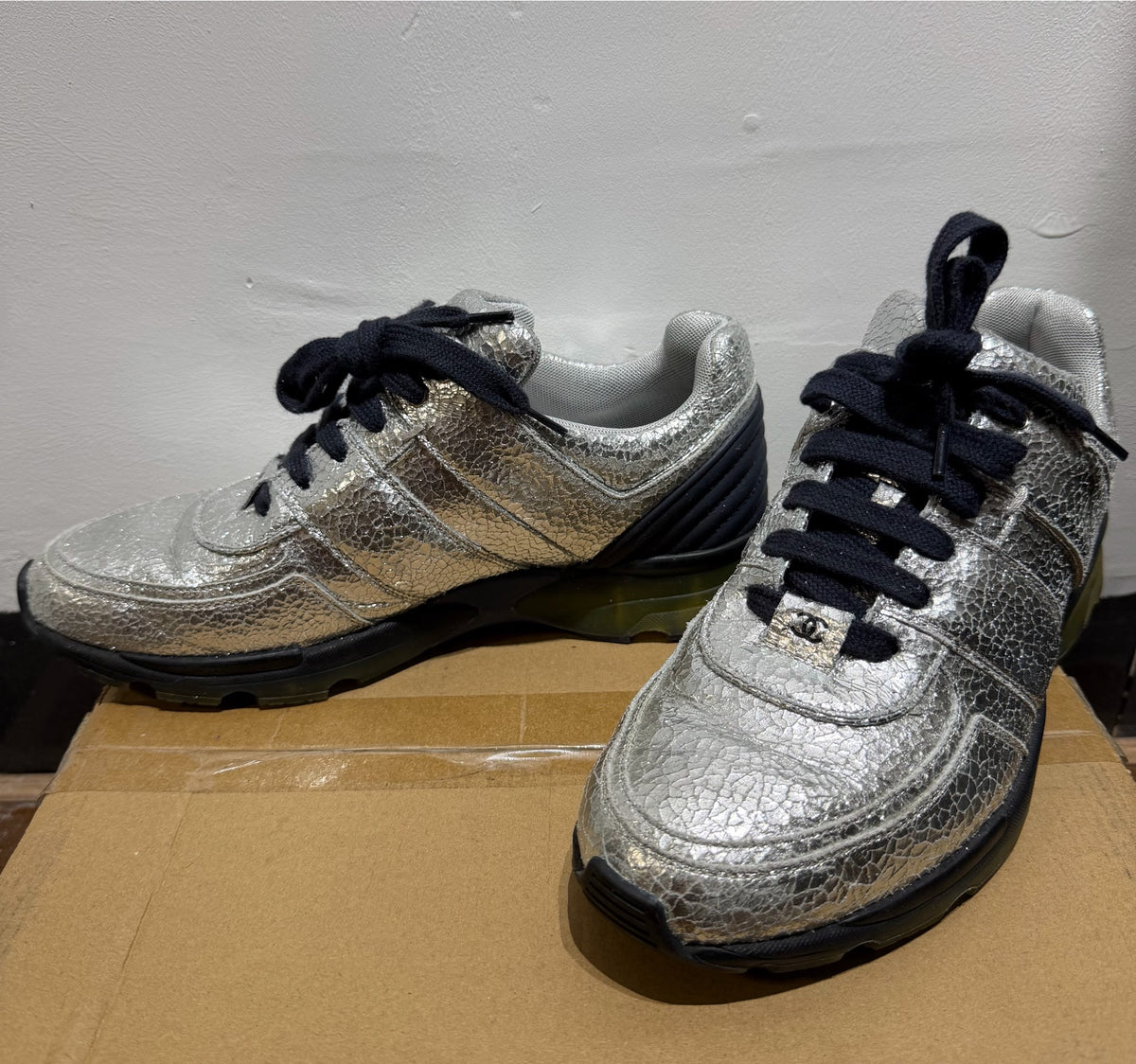 Chanel Silver Crinkle Leather Sneakers