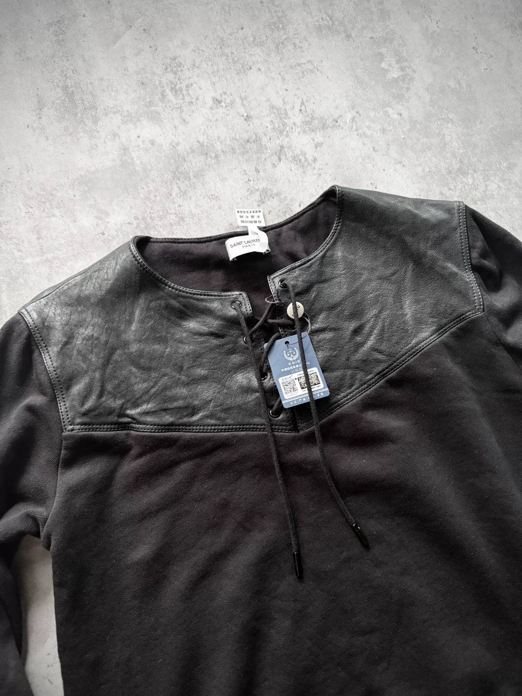 Saint Laurent Paris 14AW Black Leather Yoke Lace-Up Sweatshirt by Hedi Slimane