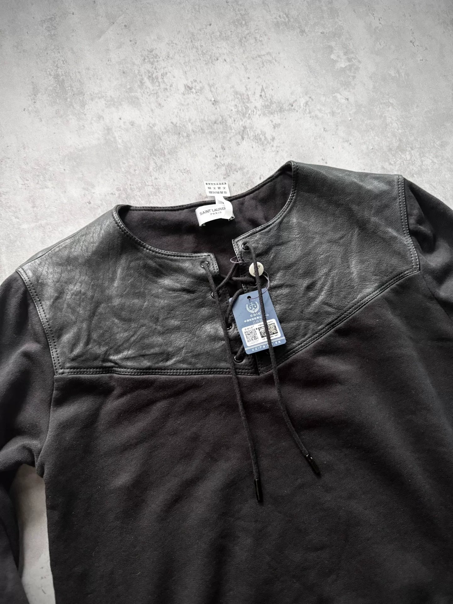 Saint Laurent Paris 14AW Black Leather Yoke Lace-Up Sweatshirt by Hedi Slimane
