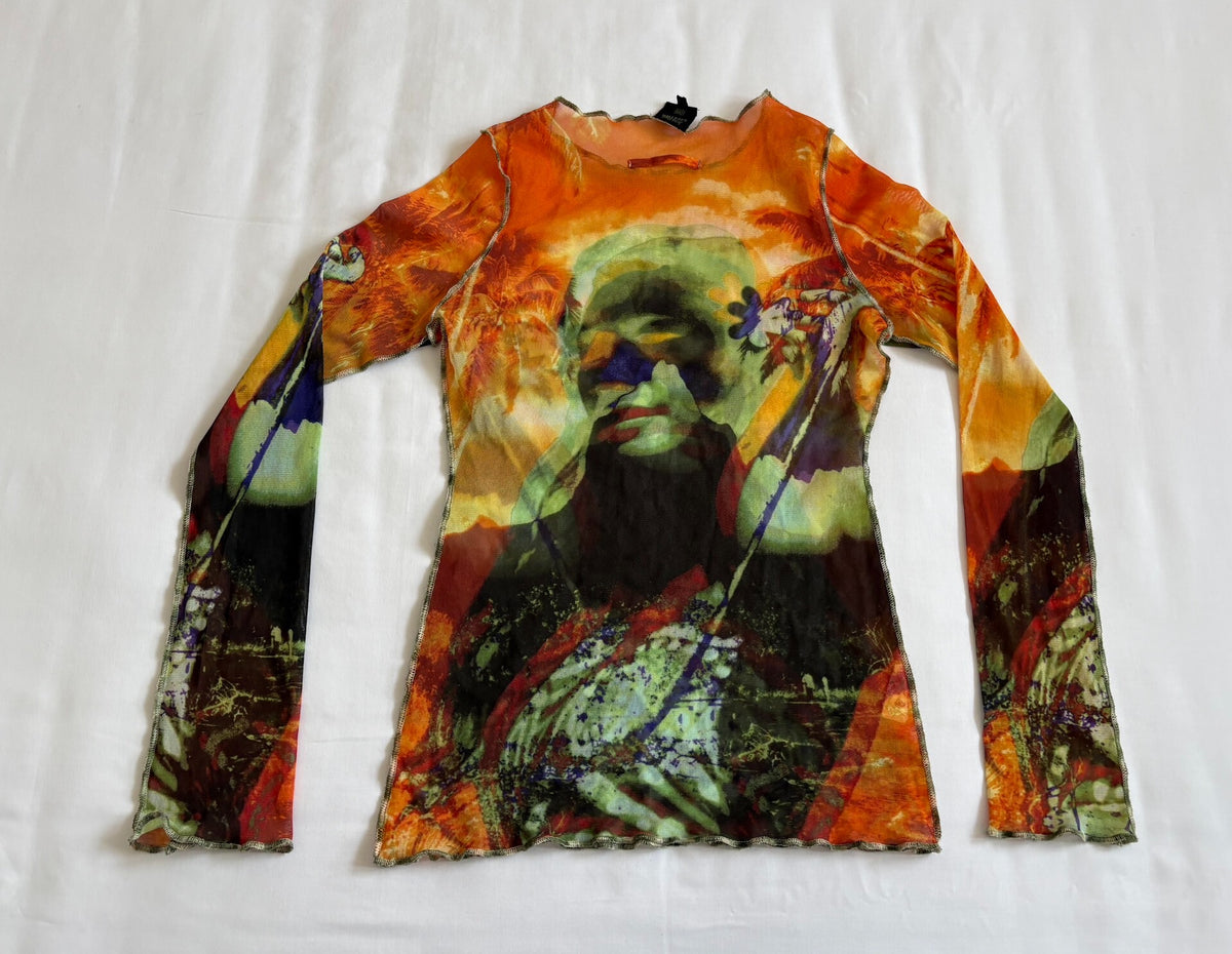 Jean Paul GAULTIER runway-style portrait print mesh top