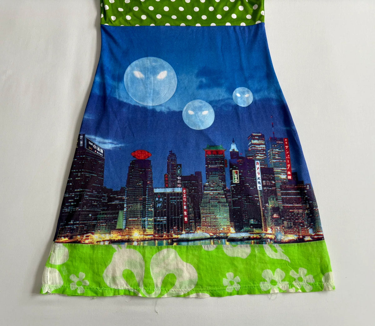 Walter van Beirendonck runway dress W&LT vintage 1997 runway piece city night view "Kiss the Future" print patchwork dress