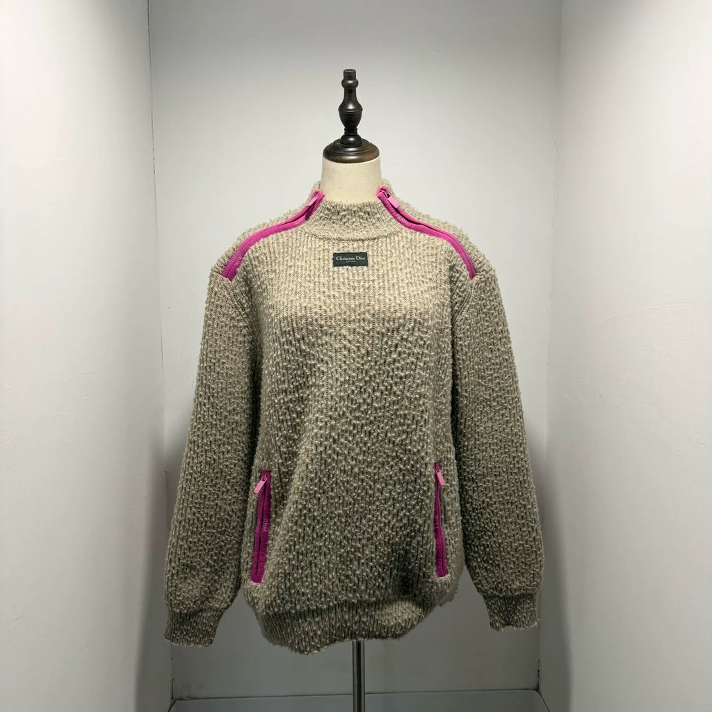 Dior Color-Blocked Zip Stand Collar Long Sleeve Sweater