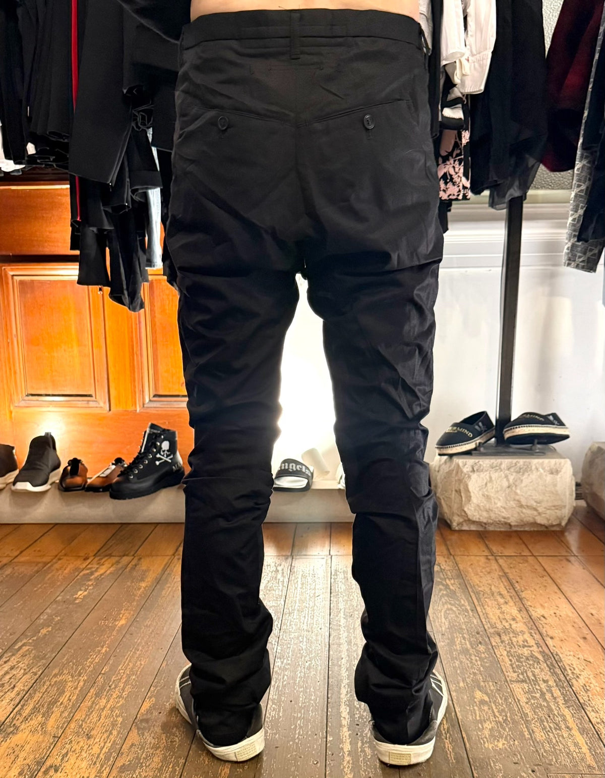 Julius SS14 Black Open Knee Ghost PU6 Silk Trousers