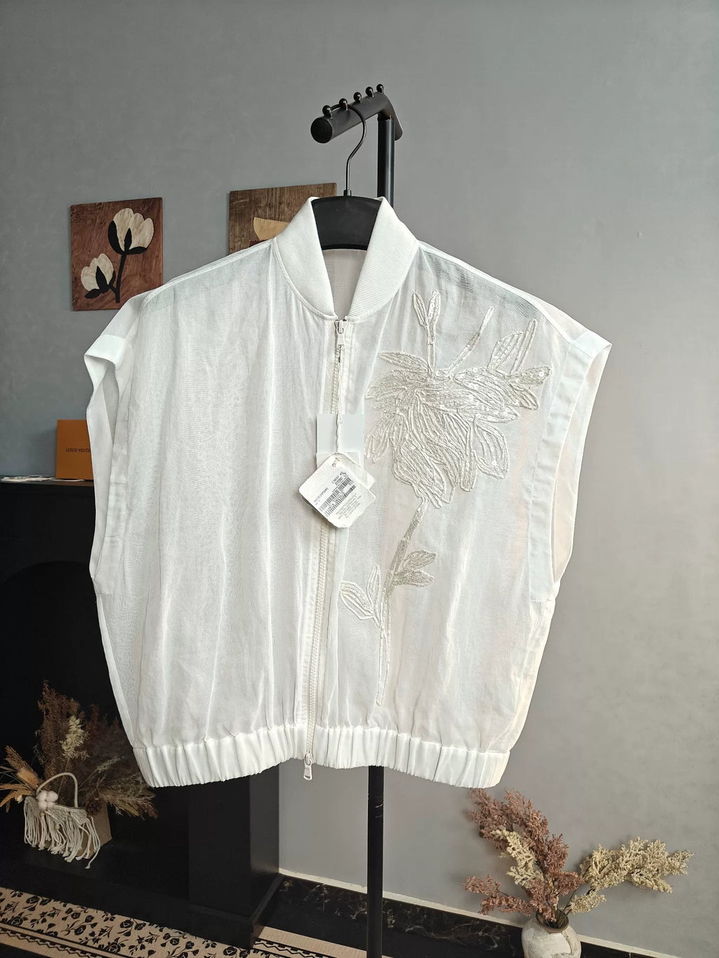 White Brunello Cucinelli Magnolia Flower Sequin Embroidered Organza Short Jacket