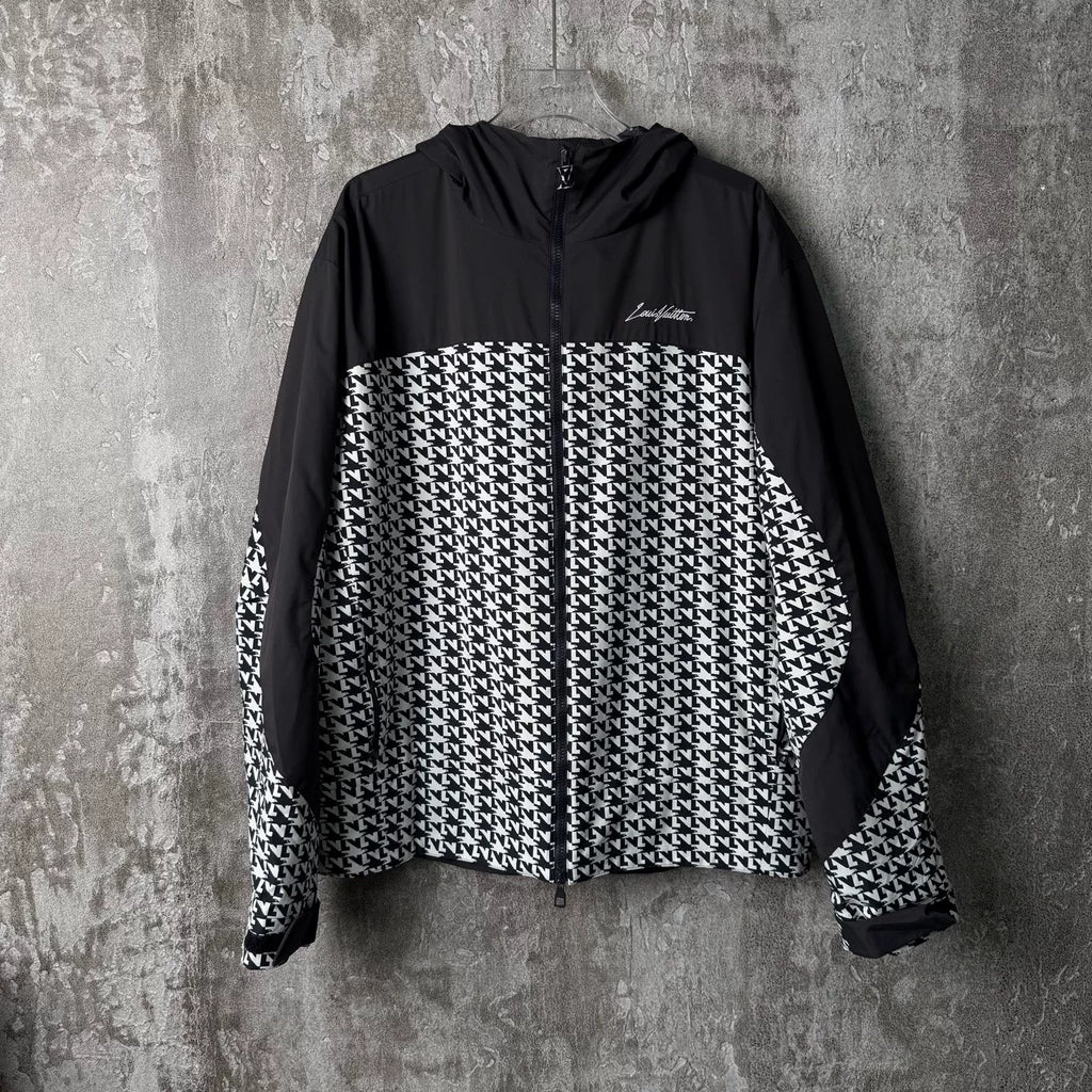 Louis Vuitton Black and White Houndstooth All-Over Logo Zip-Up Jacket