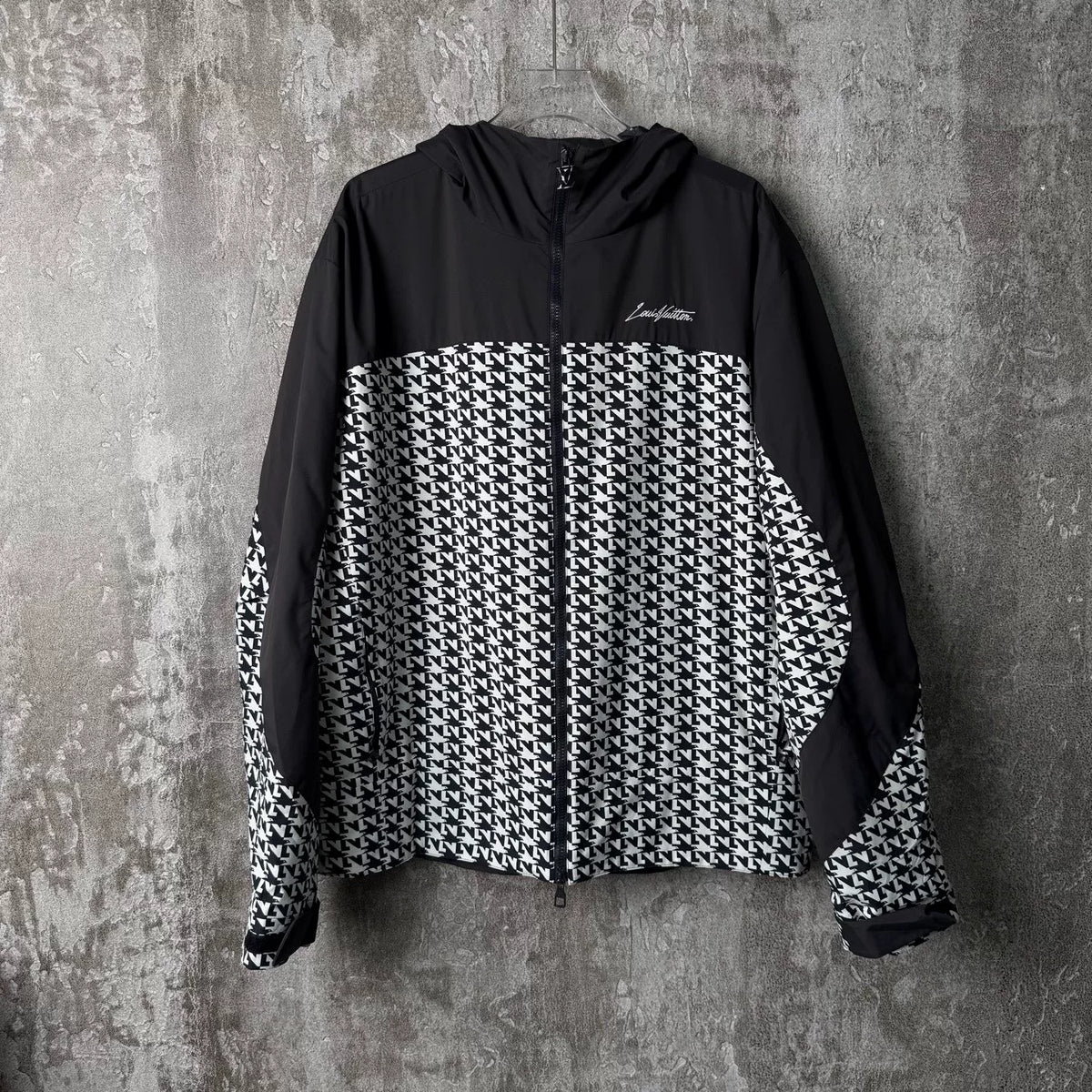 Louis Vuitton Black and White Houndstooth All-Over Logo Zip-Up Jacket