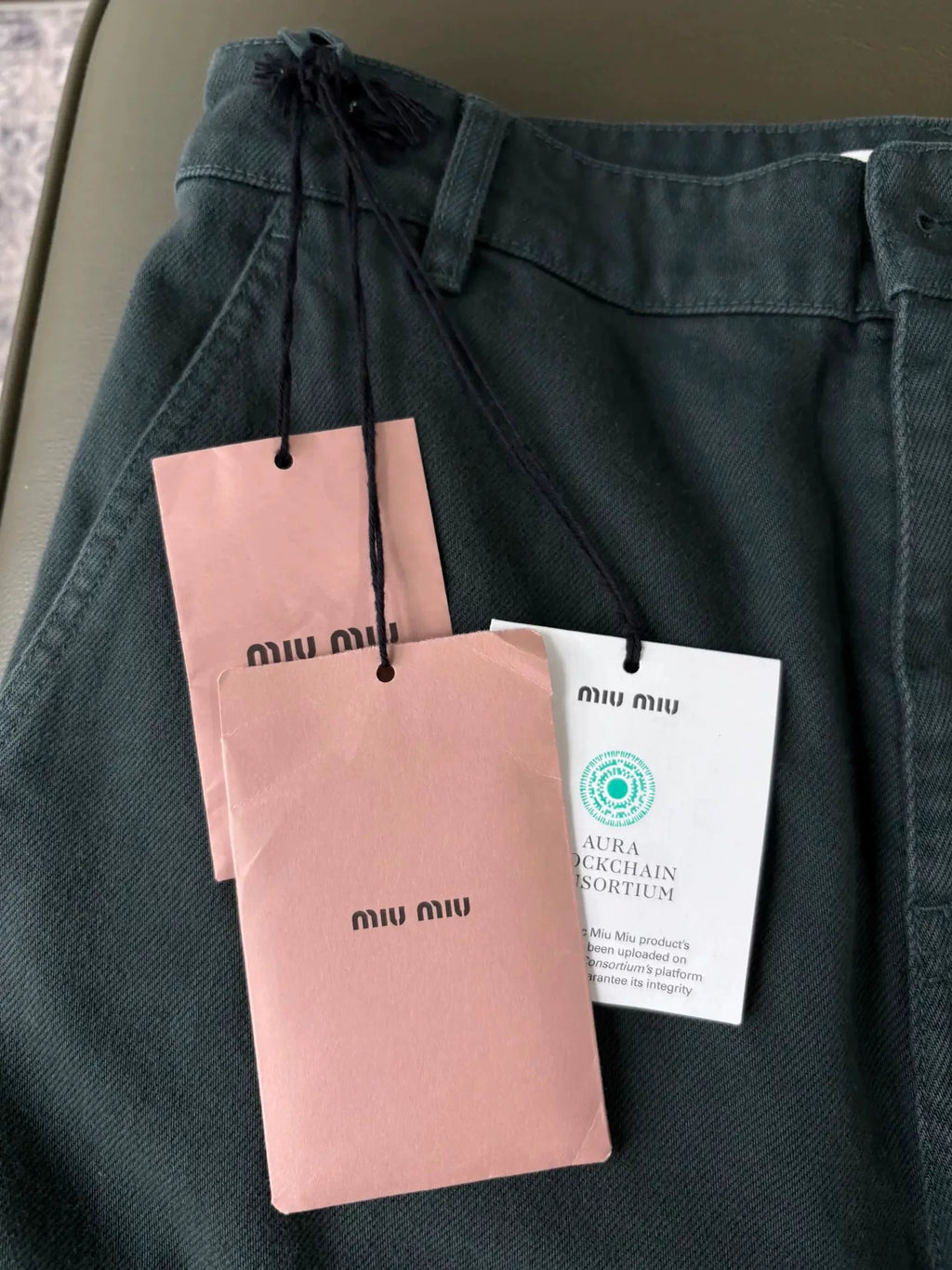 MiuMiu logo Vintage Dark Green Embroidered Cotton Jeans
