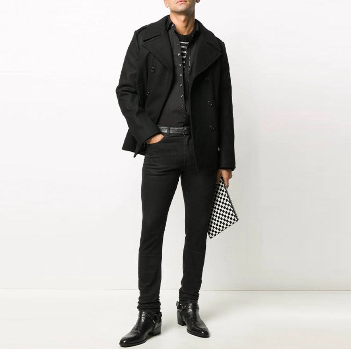 Saint Laurent Slp21fw Black Double-Breasted Wool Coat