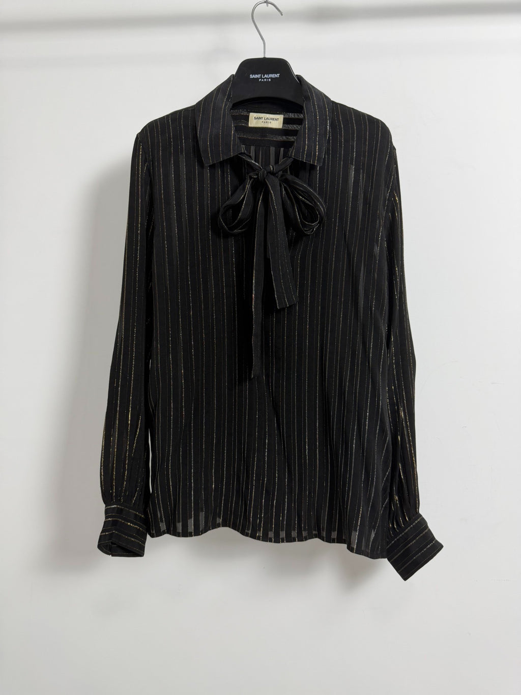 Saint Laurent 22fw Silk Black Gold Striped Bow-Tie Shirt