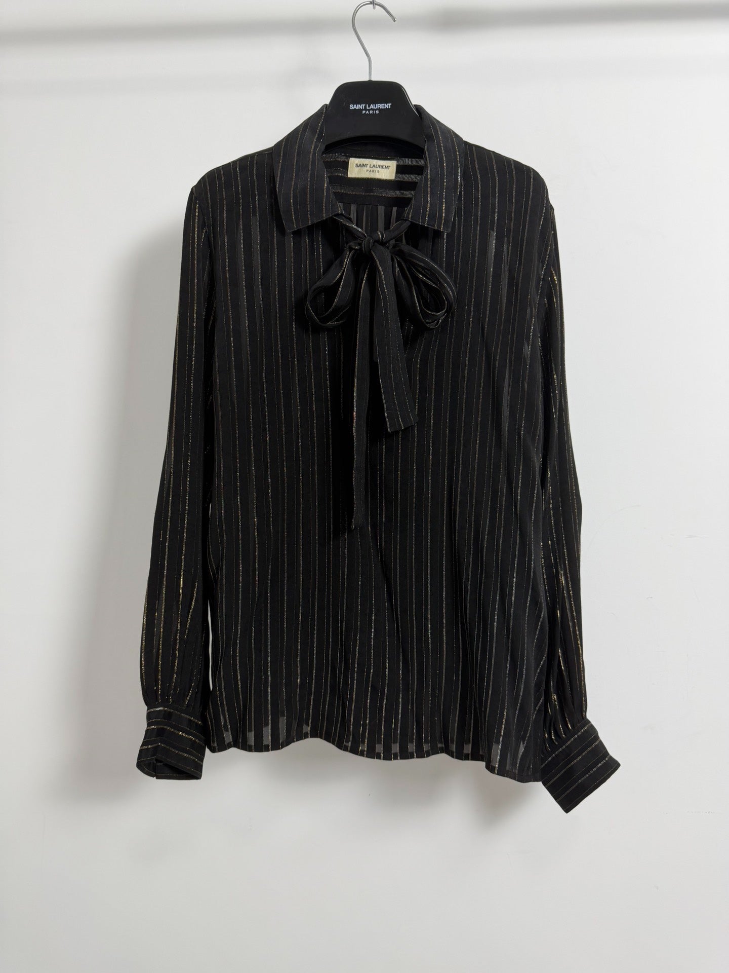 Saint Laurent 22fw Silk Black Gold Striped Bow-Tie Shirt