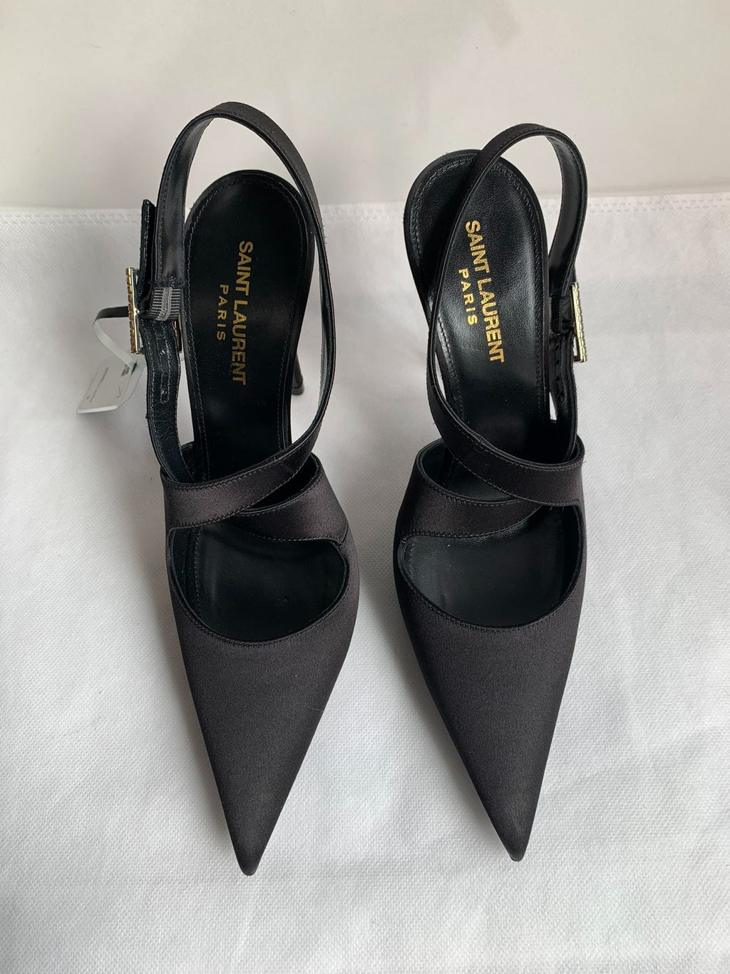 Saint Laurent Black Crystal Buckle Satin Heels