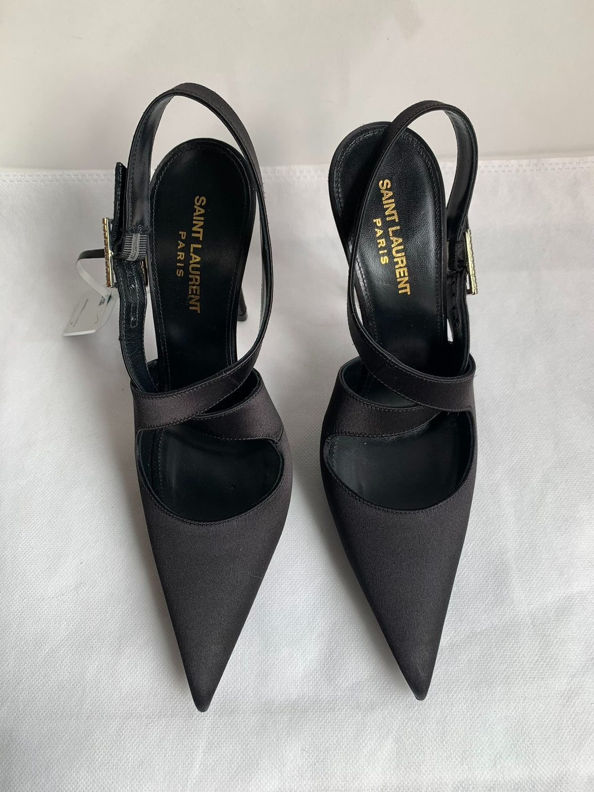 Saint Laurent Black Crystal Buckle Satin Heels