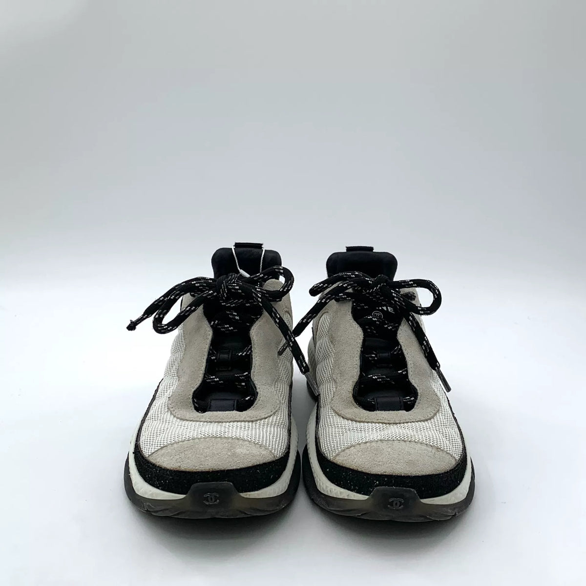 Chanel Grey Diamond-Quilted Double C Lace-Up Sneakers