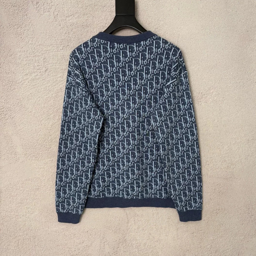 Dior FW26 Blue Coarse Tweed Vintage All-Over Print Cardigan