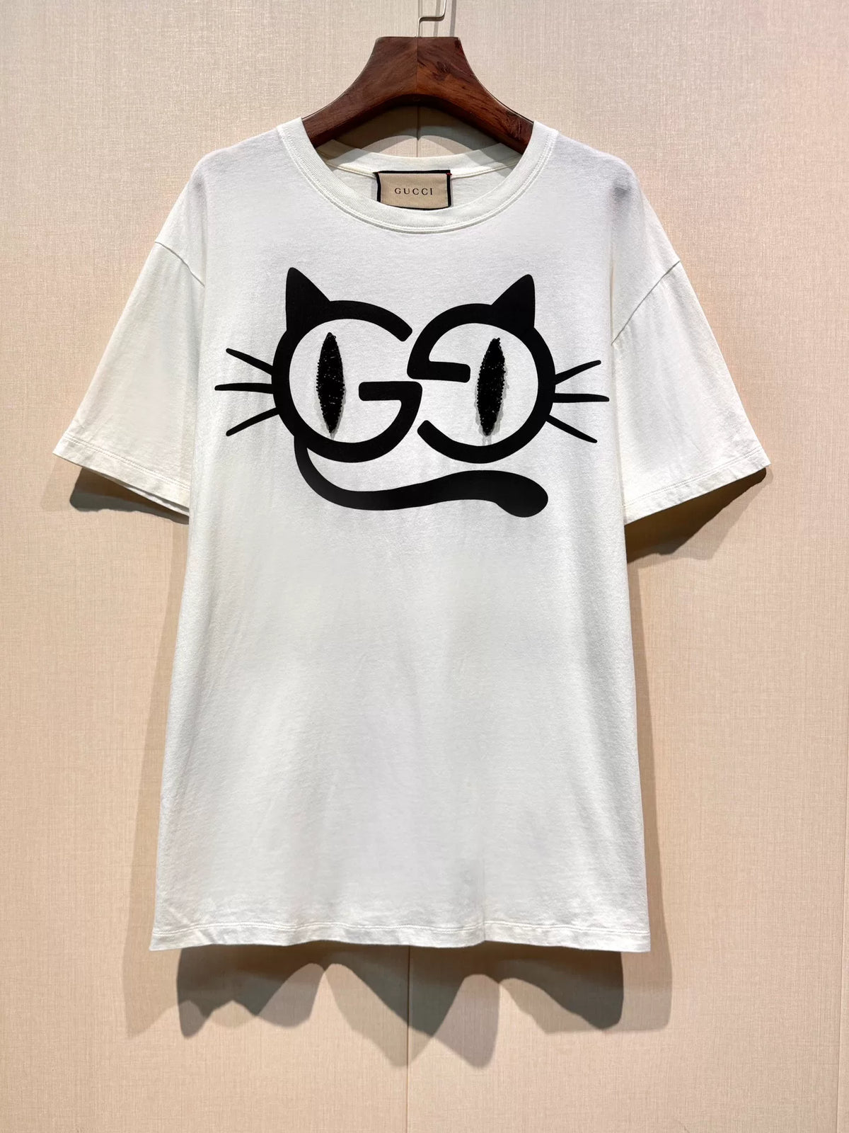 Gucci White Sequined Cat Eye Print Knit Crew Neck Short Sleeve T-Shirt