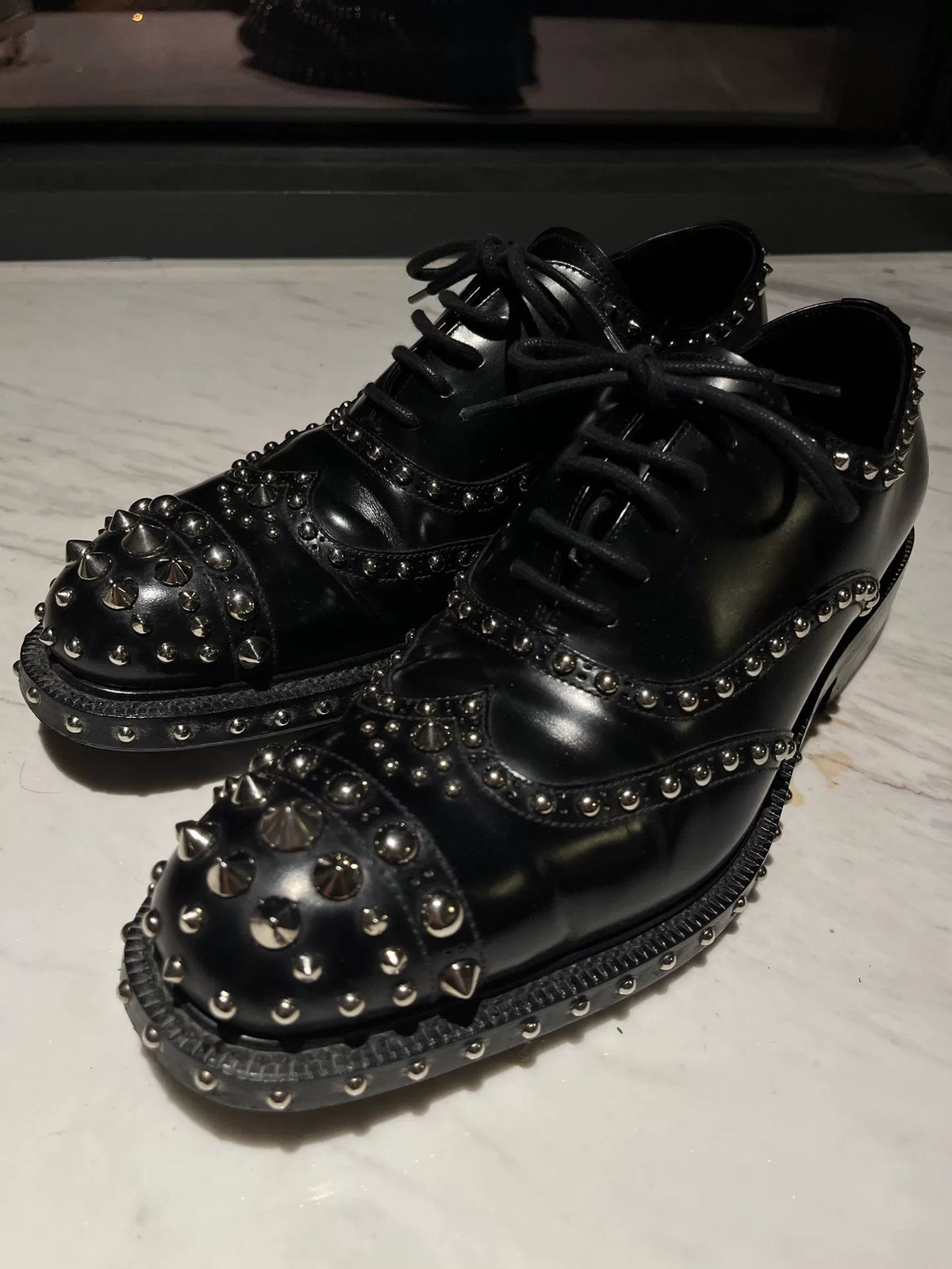 Prada Black Leather Metal Silver Stud Brogue Leather-Sole Lace-Ups